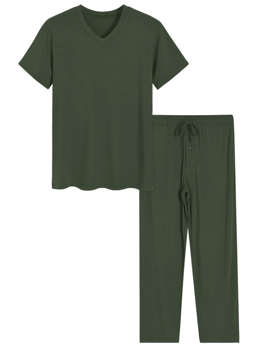 Men's Soft Pajama Set Viscose Short Sleeves Top with Pants - Latuza