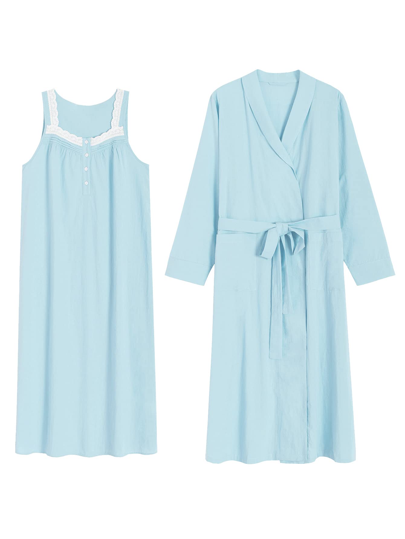 Women's Sleeveless Cotton Nightgown with Matching Long Robe Set - Latuza