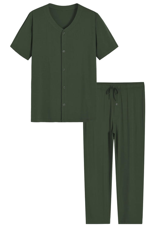 Men's Viscose Pajama Pants Set Short Sleeve Button Up Pjs - Latuza