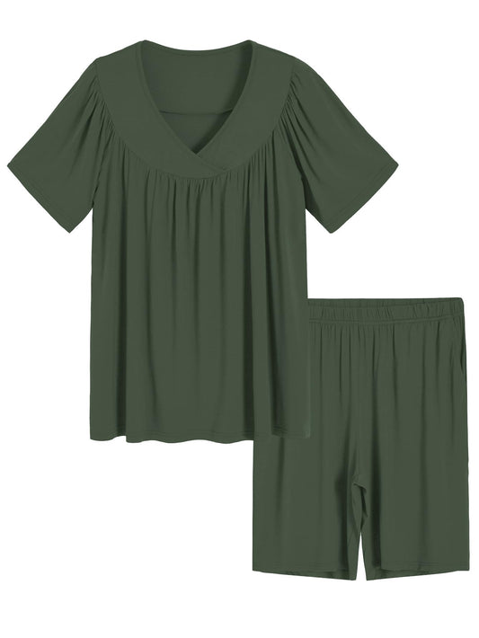 Women's Soft Pajama Set Bermuda Sleep Shorts with V-Neck Top - Latuza