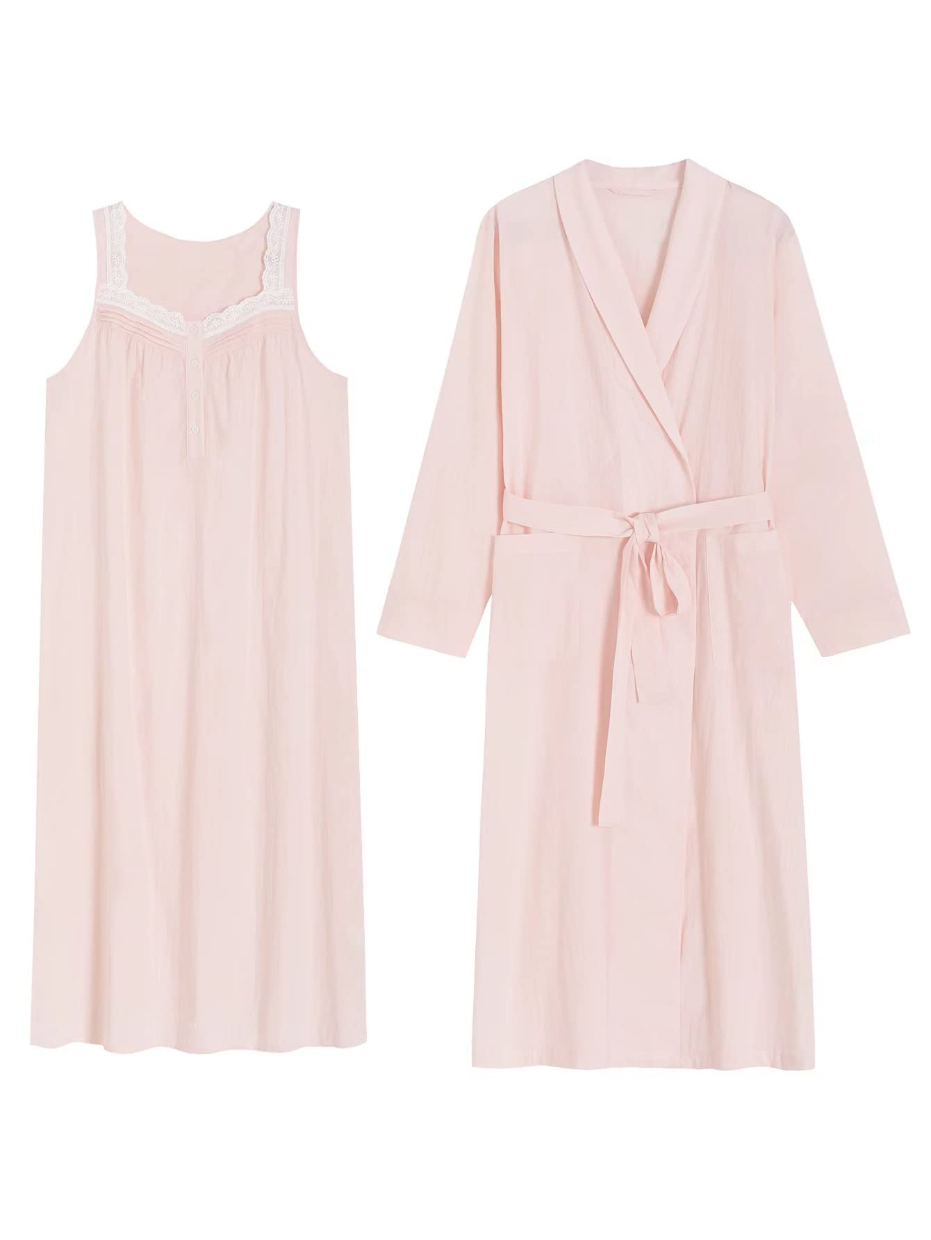 Women's Sleeveless Cotton Nightgown with Matching Long Robe Set - Latuza