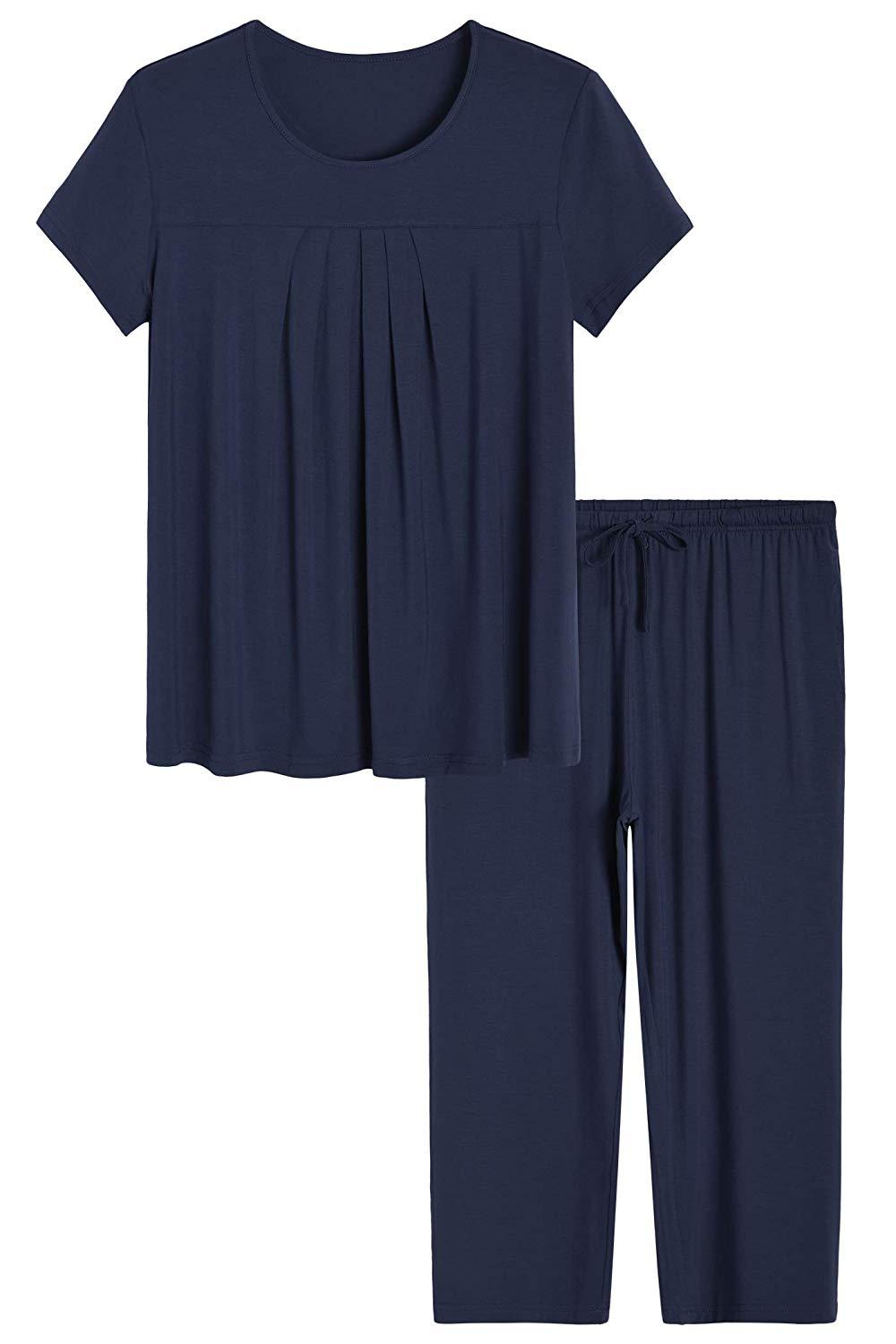 Women's Bamboo Pajamas Pleated Top and Capris Pjs Set - Latuza