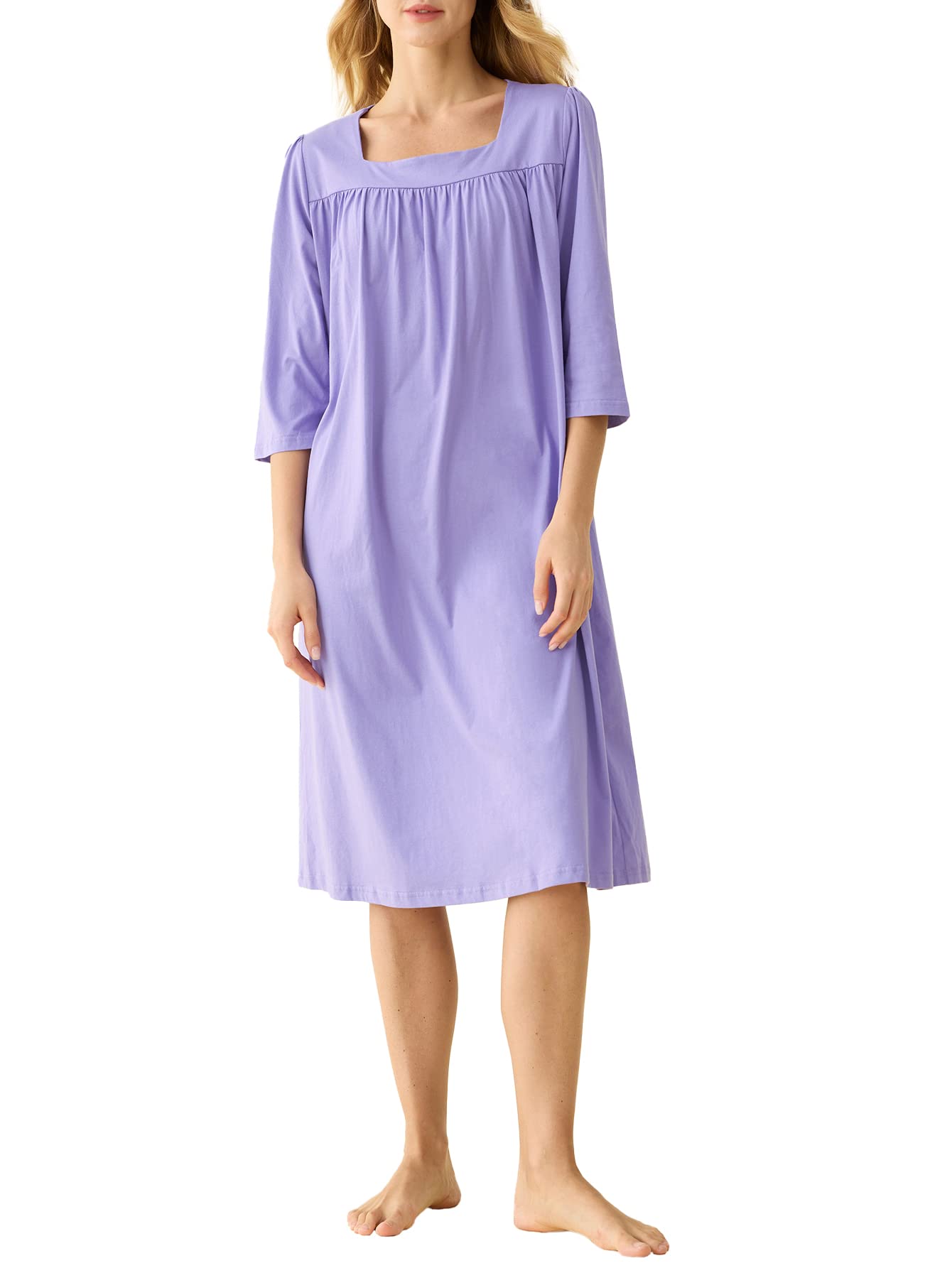 Women's Cotton Nightgown 3/4 Sleeves Housecoat with Pockets - Latuza