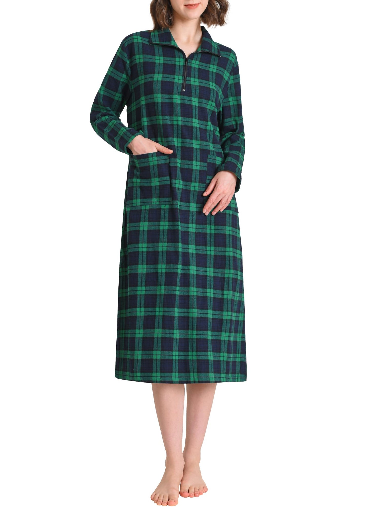 Women's Cotton Flannel Nightgown Long Sleeve Midi Nightgown - Latuza