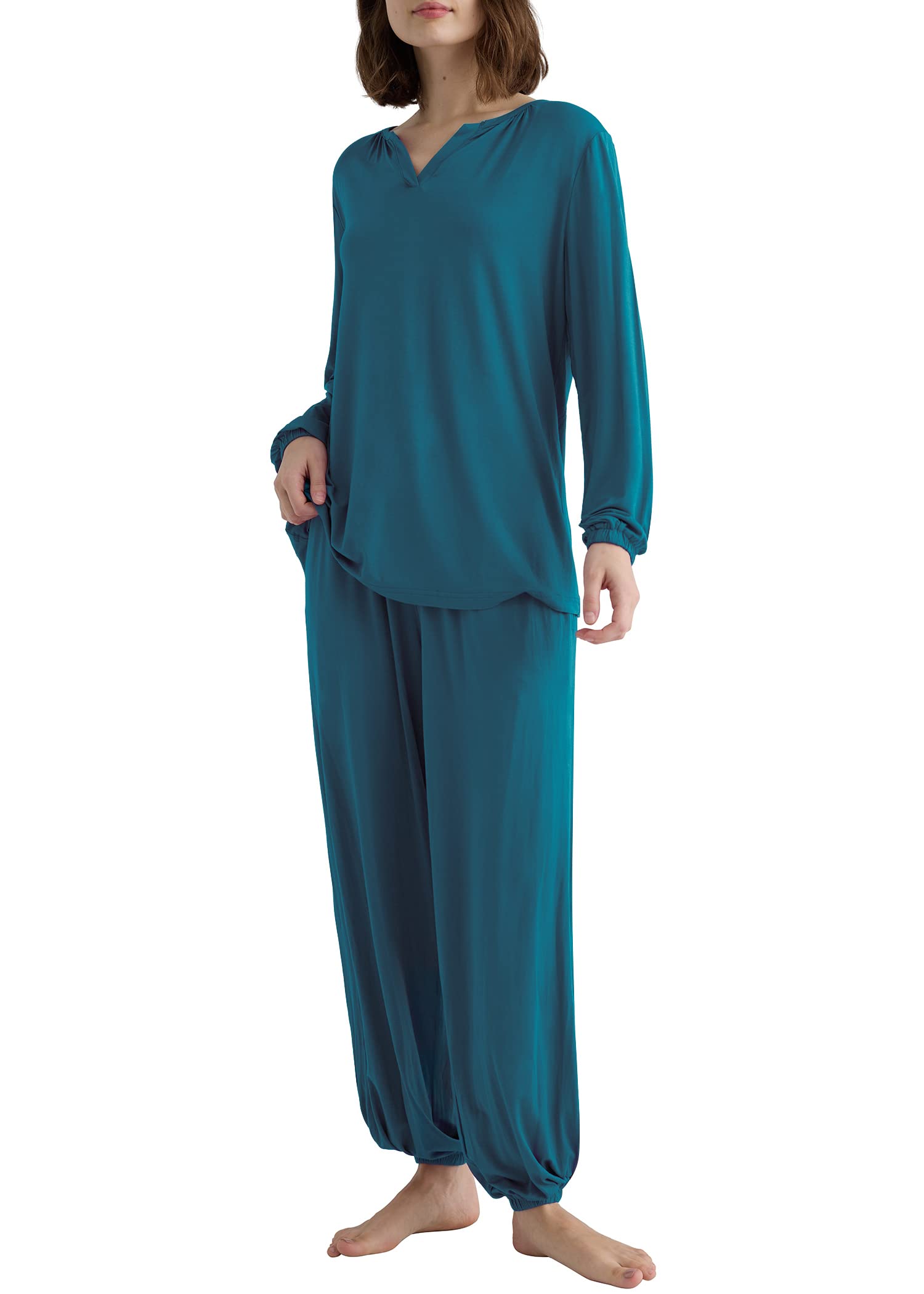 Women's Viscose Palazzo Lounge Pants Long Sleeve Pajama Set - Latuza