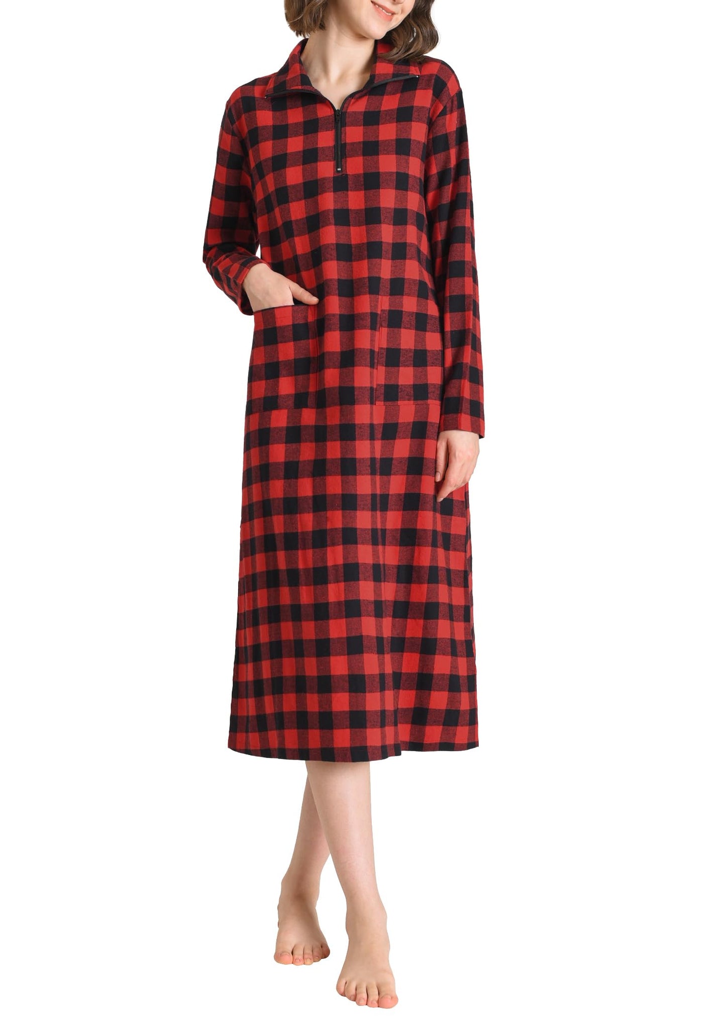 Women's Cotton Flannel Nightgown Long Sleeve Midi Nightgown - Latuza