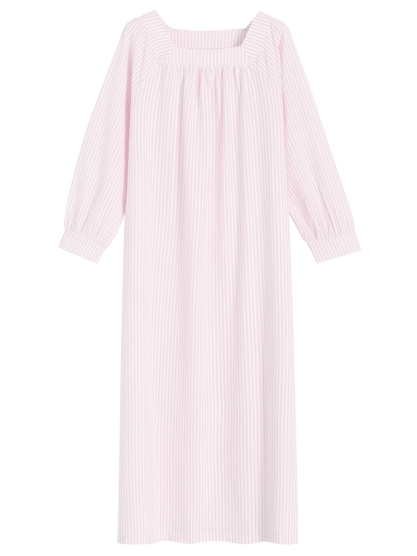 Women's Soft Cotton Seersucker Nightgown Long Sleeve Full Length - Latuza