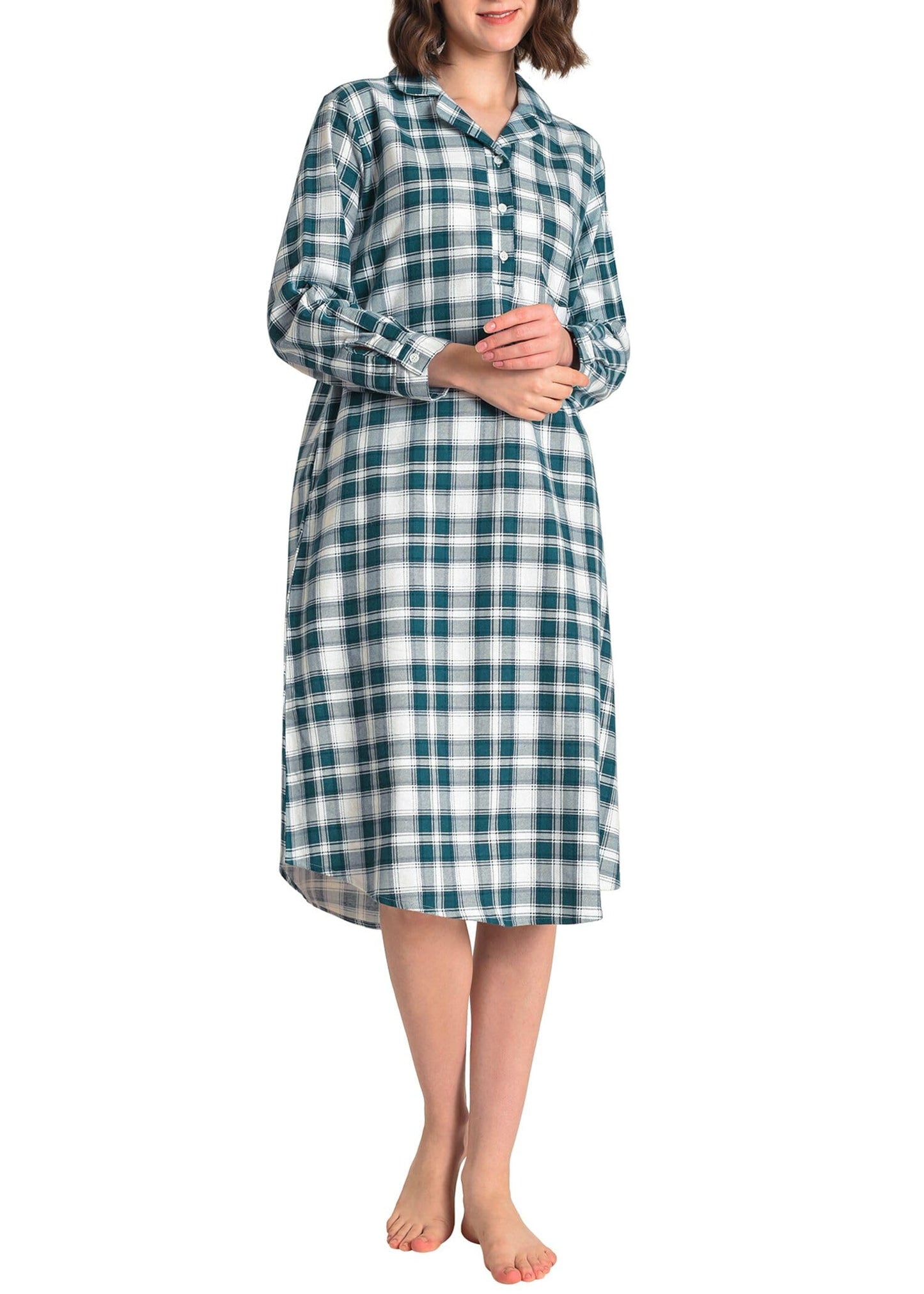Women's Flannel Nightgown Soft Cotton Long Sleeve Midi Length - Latuza
