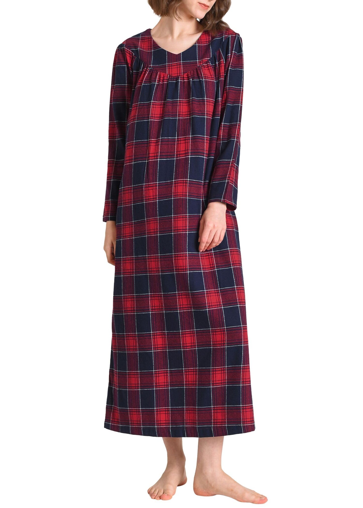 Women's Plaid Flannel Nightgown Long Sleeve V-Neck Nightgown with Pockets - Latuza