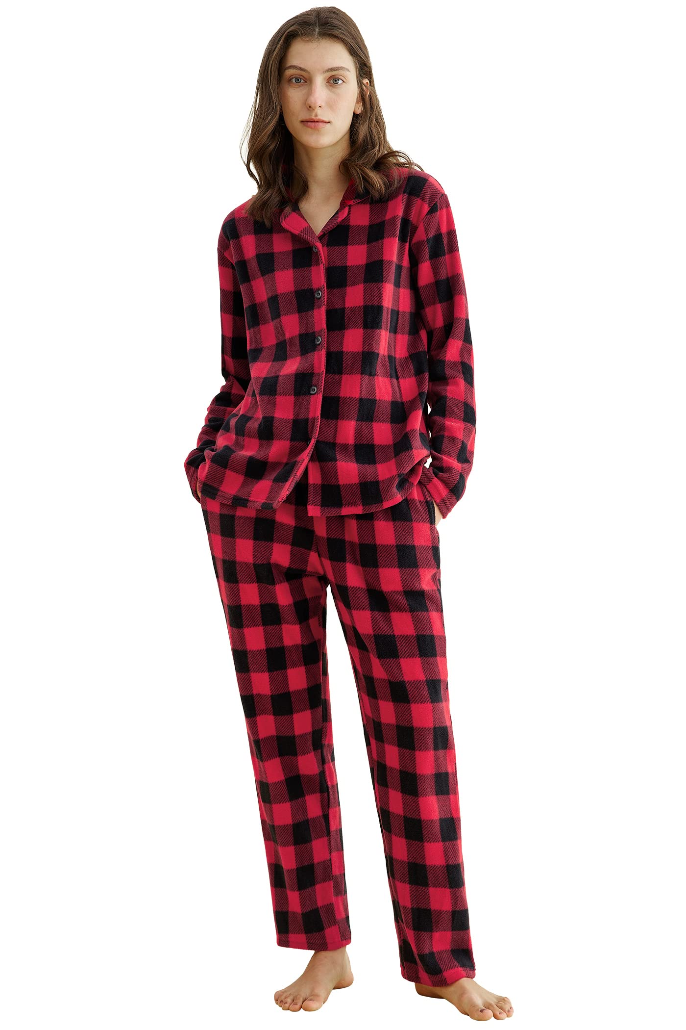 Women's Plaid Fleece Pajamas Set Notch Collar Shirt and Pants - Latuza
