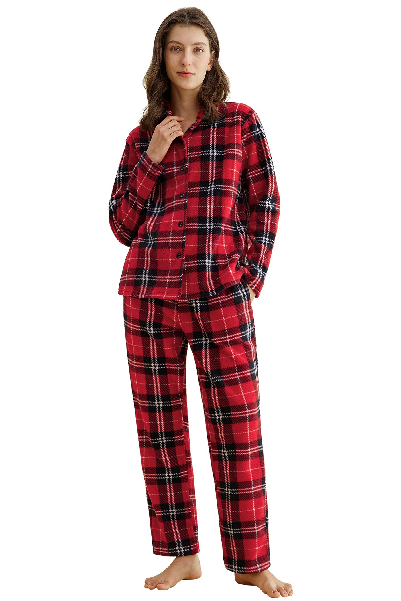 Women's Plaid Fleece Pajamas Set Notch Collar Shirt and Pants - Latuza