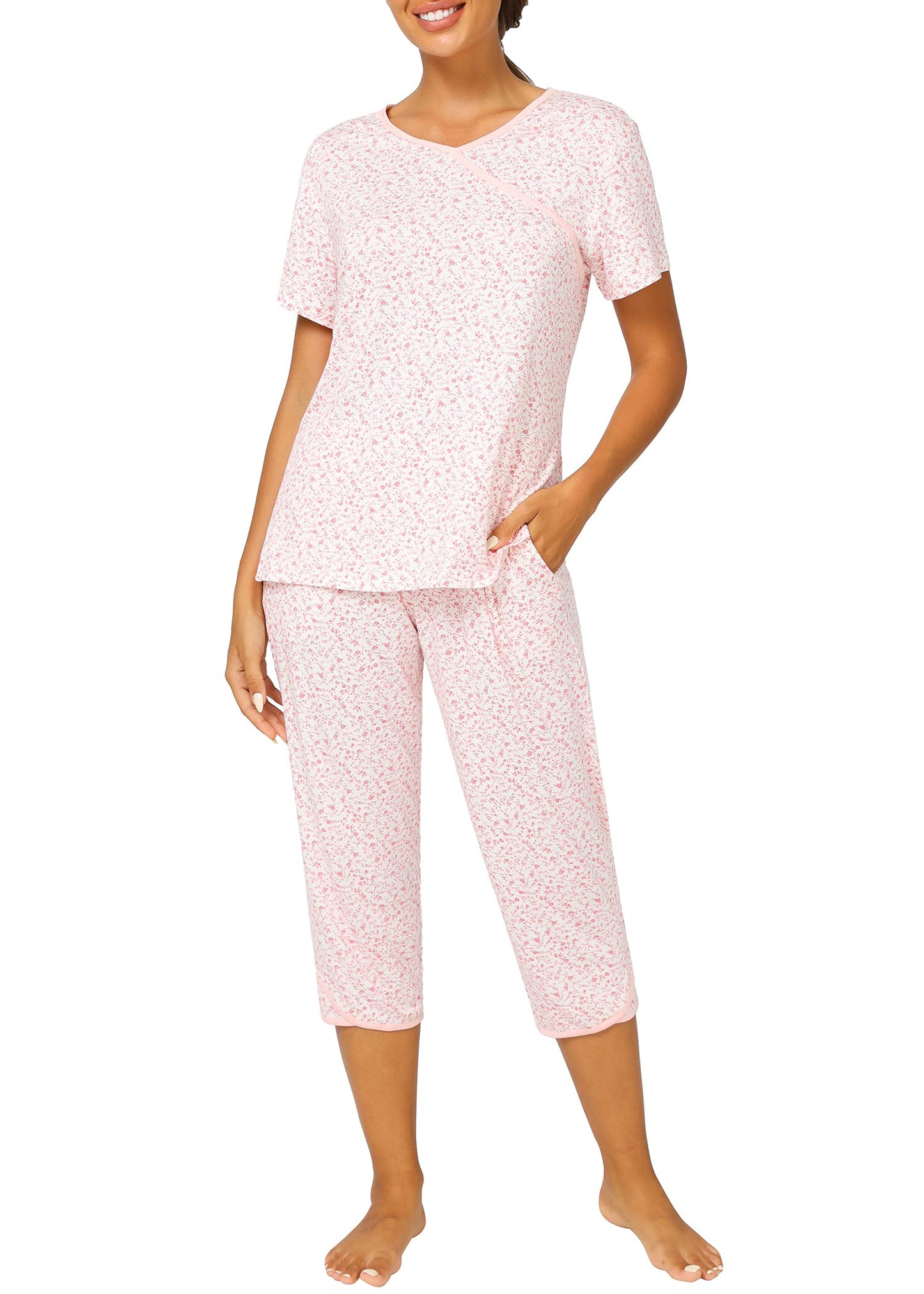 Women's Bamboo Viscose Floral Faux Wrap Top Capris Pajama Set - Latuza