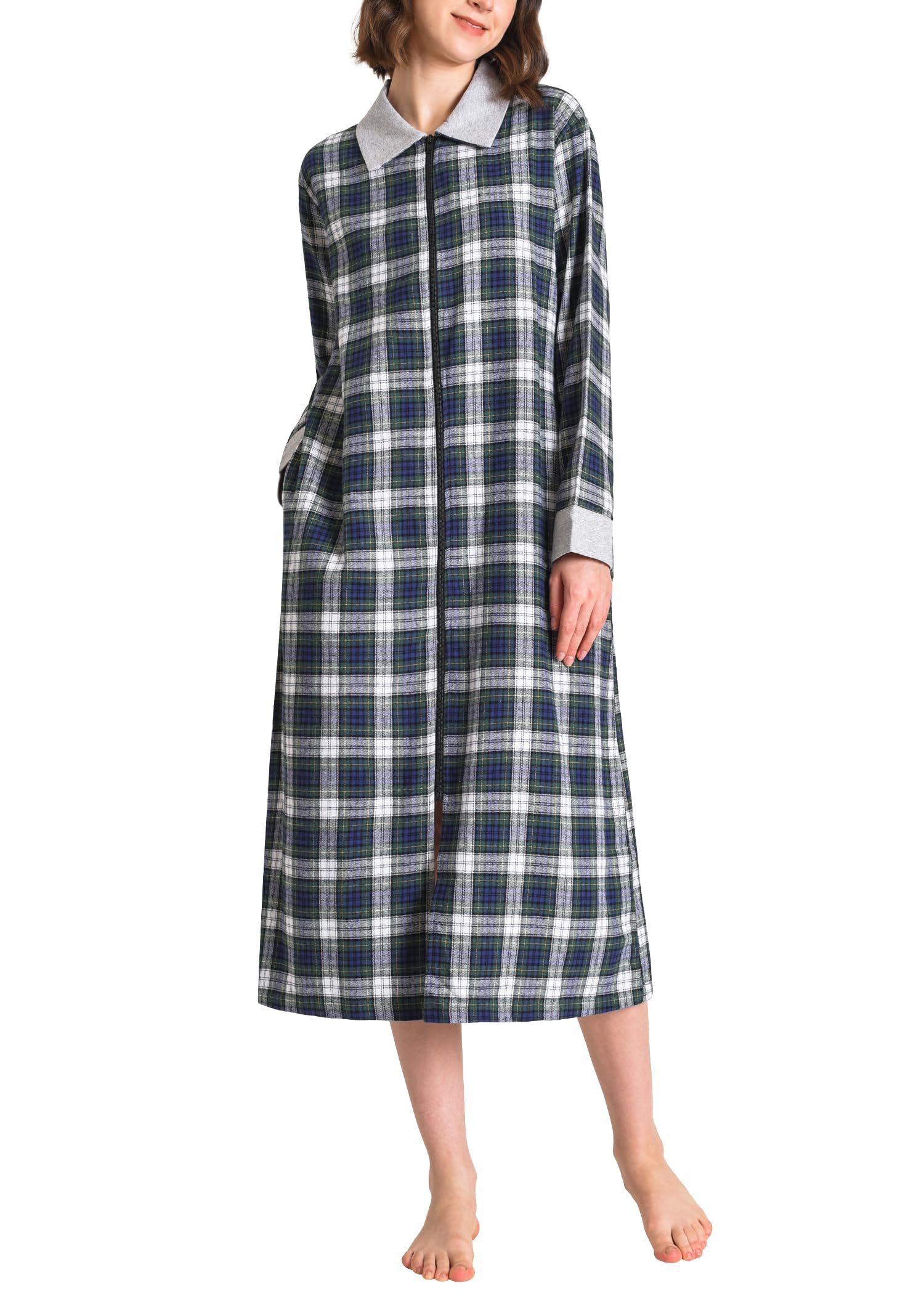 Women's Cotton Flannel Zip Up Robe Zipper Front Housecoat with Pockets - Latuza
