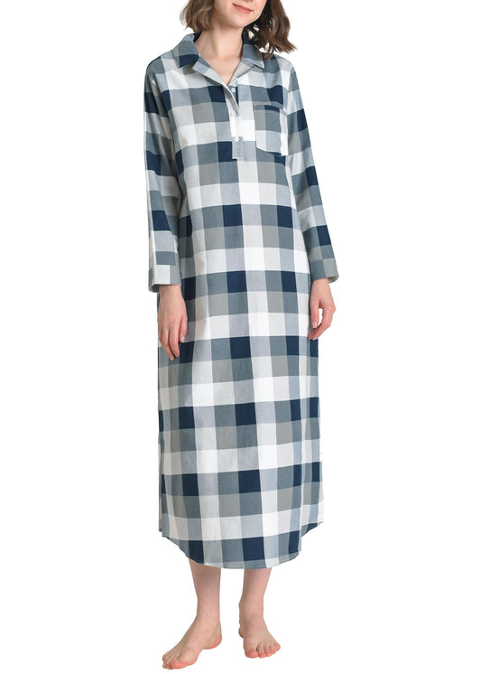 Women's Flannel Nightgown with Pockets Long Sleeves Full Length - Latuza