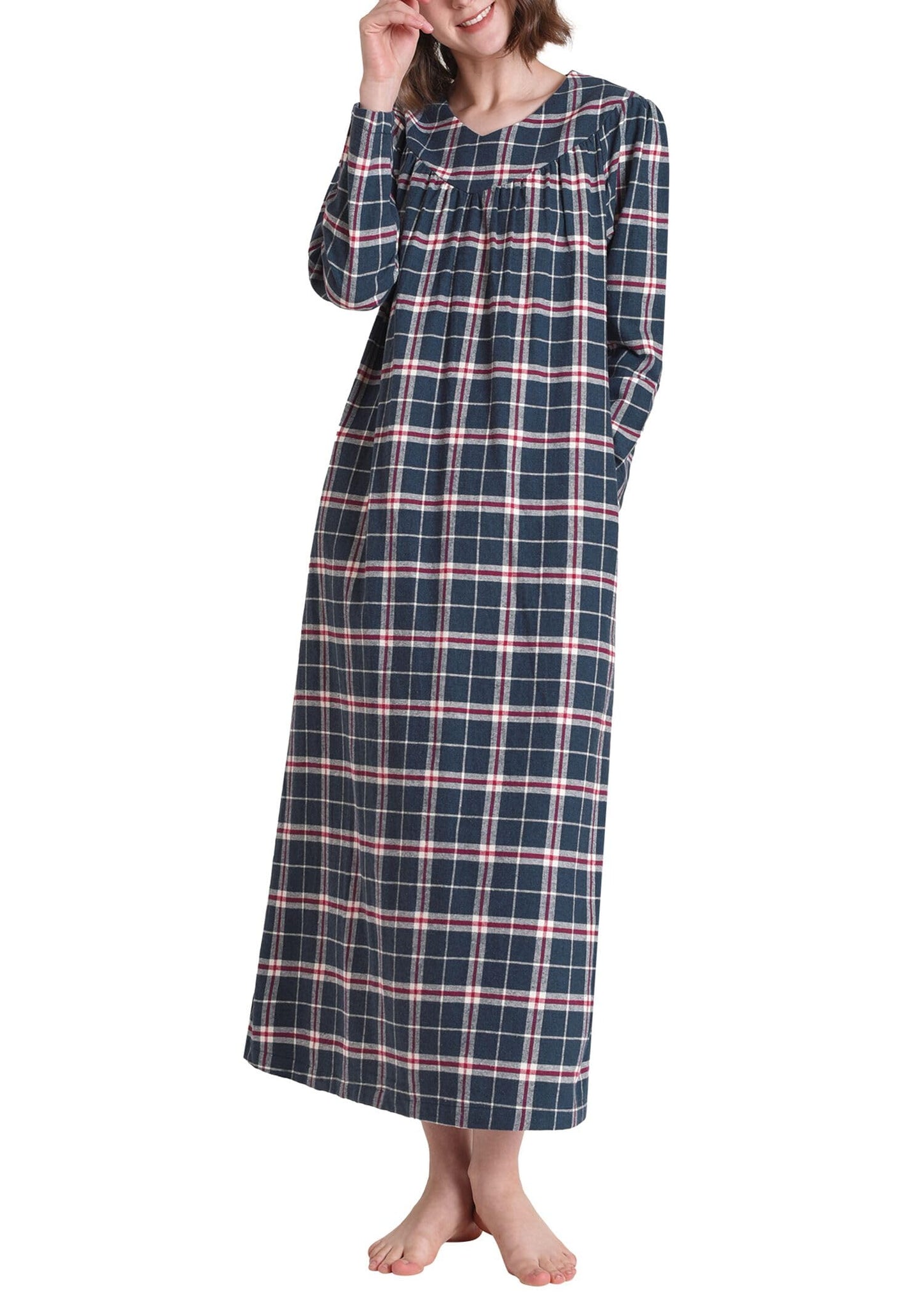 Women's Plaid Flannel Nightgown Long Sleeve V-Neck Nightgown with Pockets - Latuza