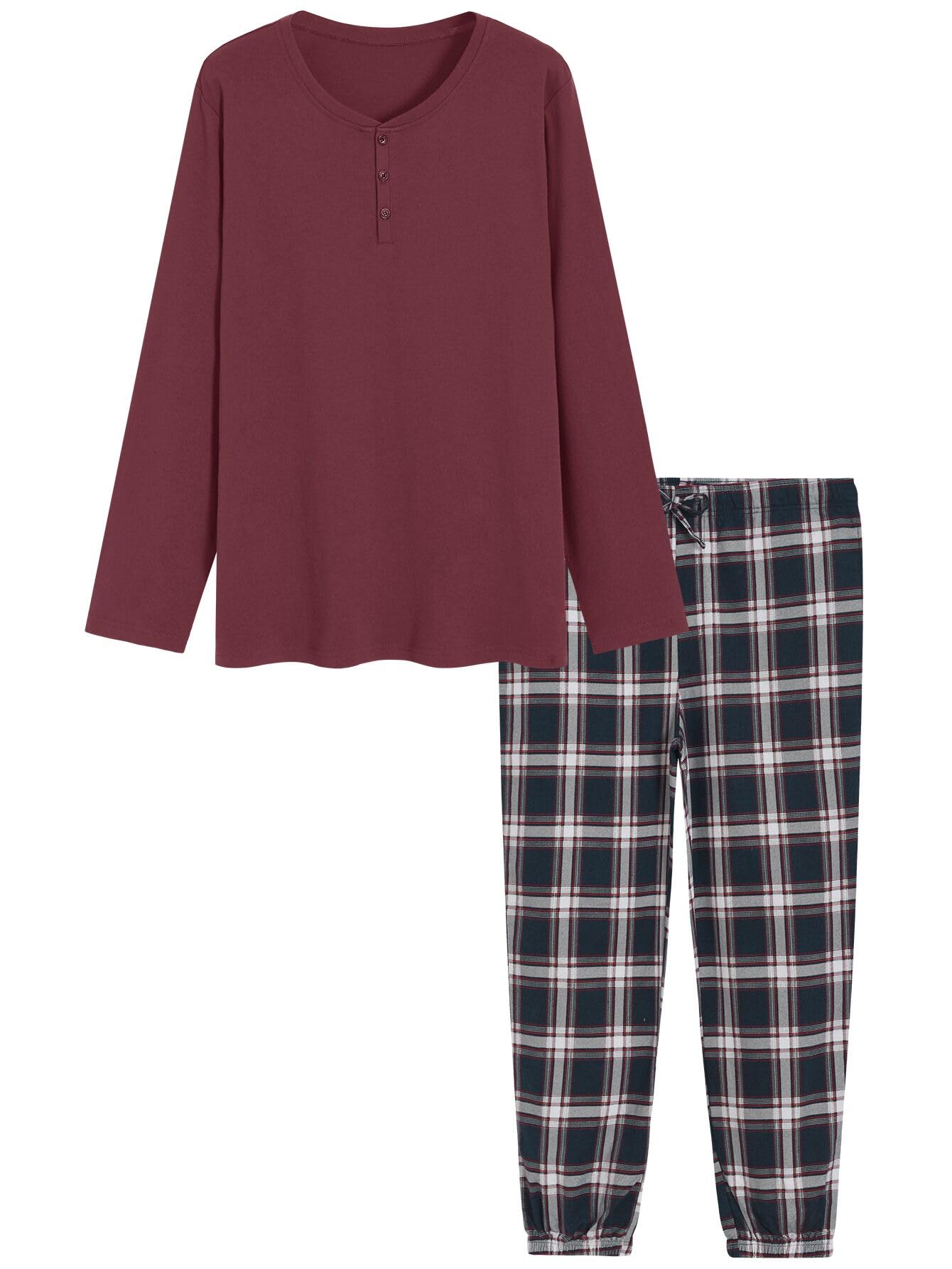 Men's Cotton Pajama Set Long Sleeve Henley Top Flannel Pants with Pockets - Latuza
