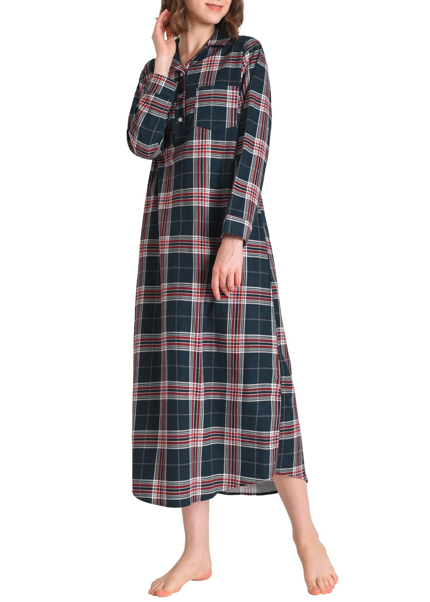Women's Flannel Nightgown with Pockets Long Sleeves Full Length - Latuza