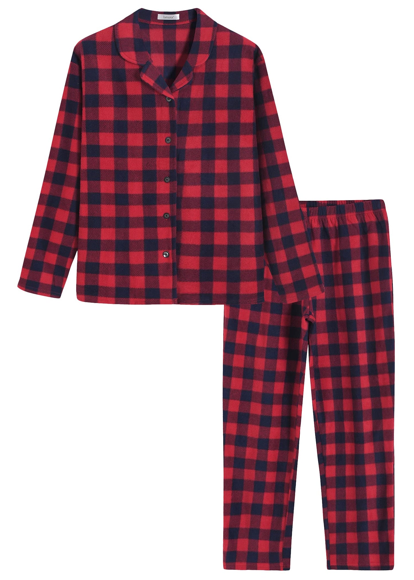 Women's Plaid Fleece Pajamas Set Notch Collar Shirt and Pants - Latuza