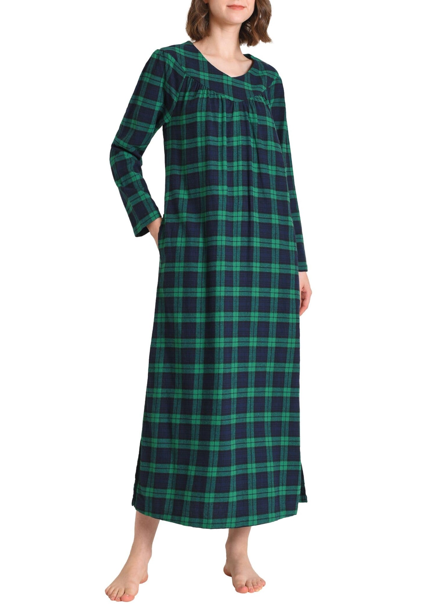 Women's Plaid Flannel Nightgown Long Sleeve V-Neck Nightgown with Pockets - Latuza
