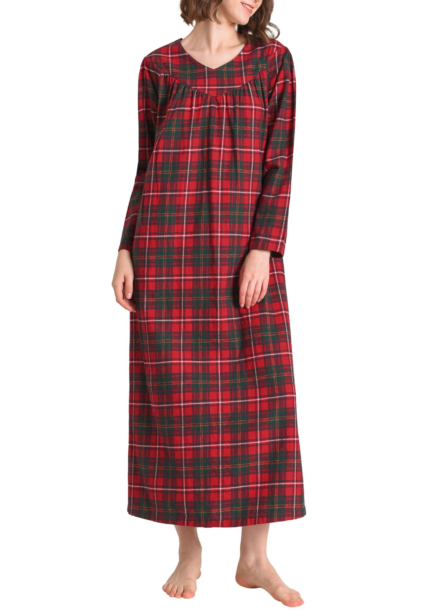 Women's Plaid Flannel Nightgown Long Sleeve V-Neck Nightgown with Pockets - Latuza