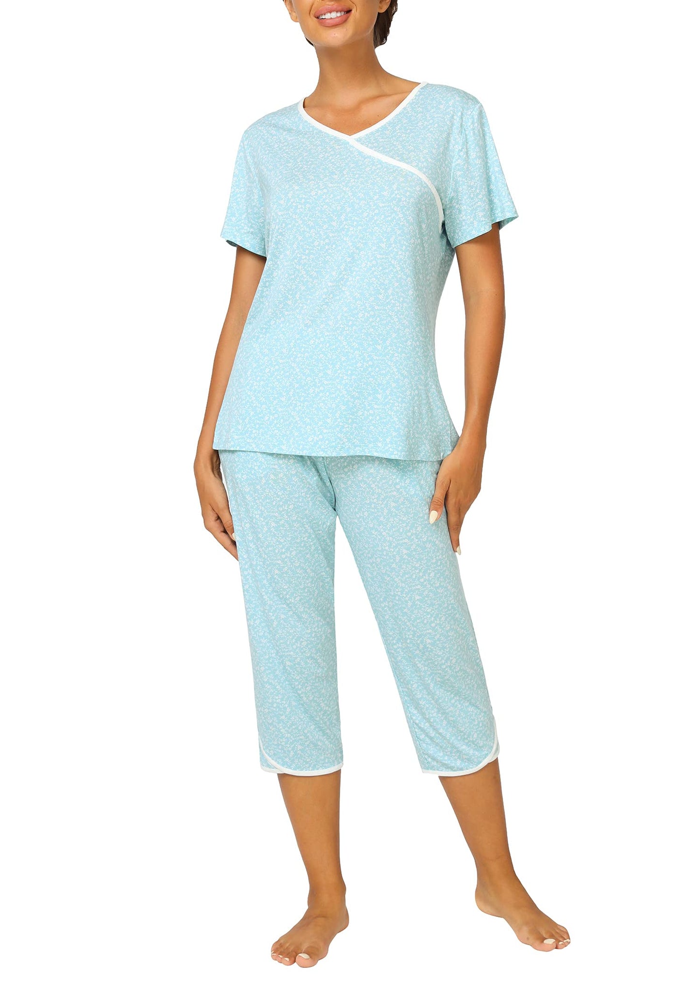 Women's Bamboo Viscose Floral Faux Wrap Top Capris Pajama Set - Latuza