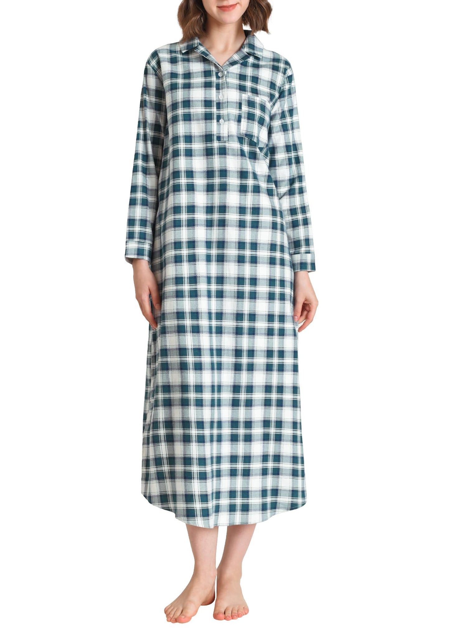 Women's Flannel Nightgown with Pockets Long Sleeves Full Length - Latuza