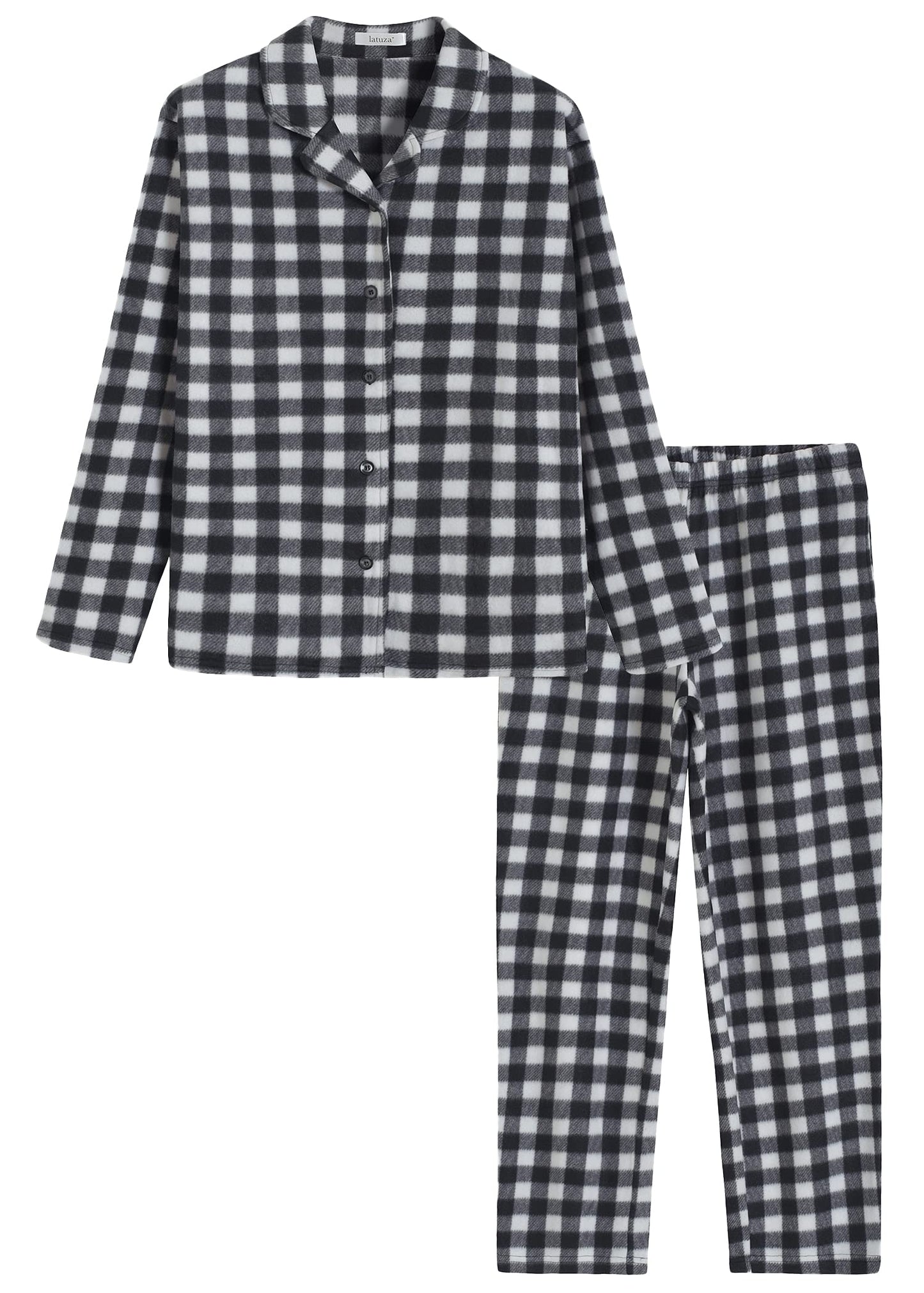 Women's Plaid Fleece Pajamas Set Notch Collar Shirt and Pants - Latuza