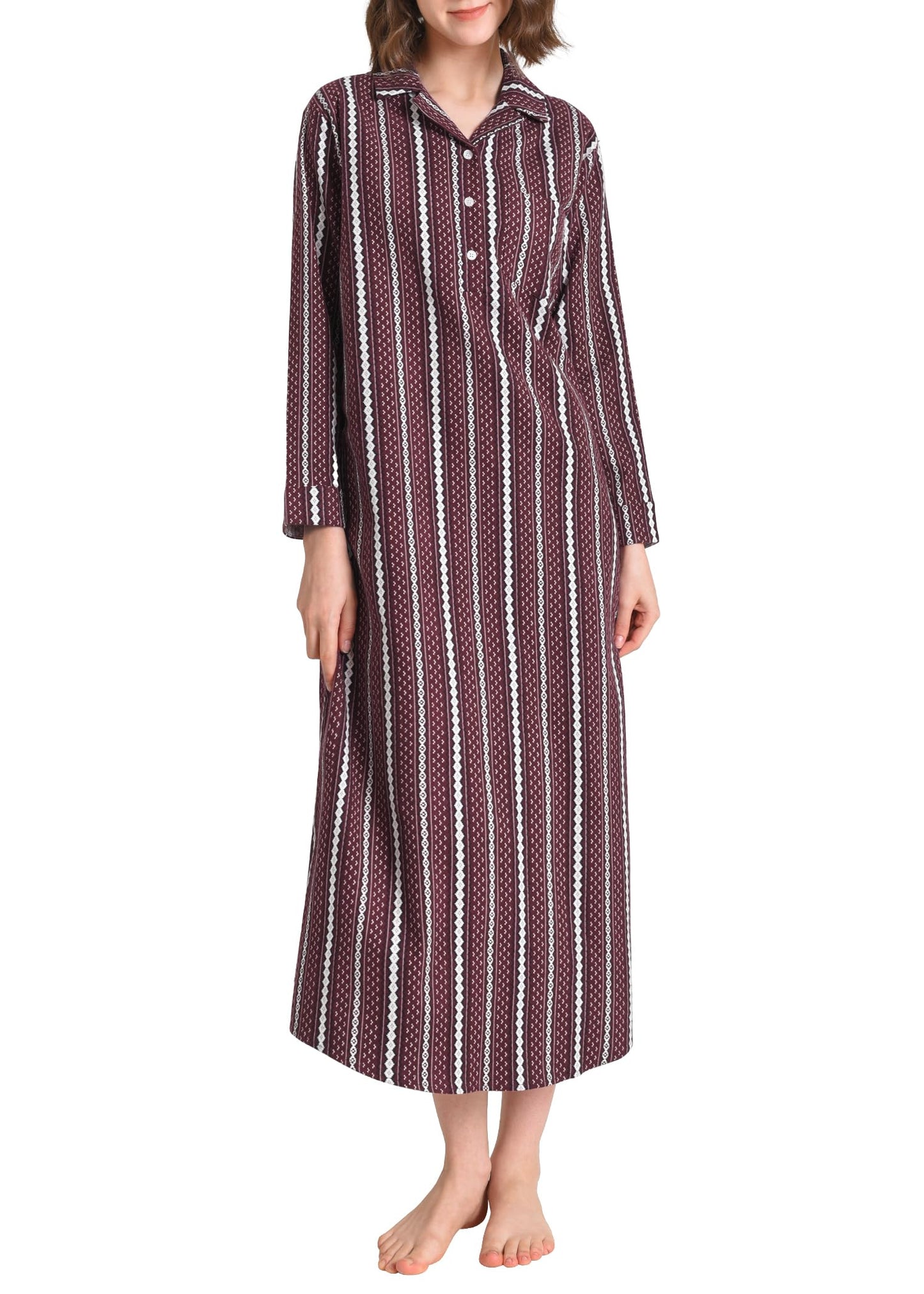 Women's Flannel Nightgown with Pockets Long Sleeves Full Length - Latuza
