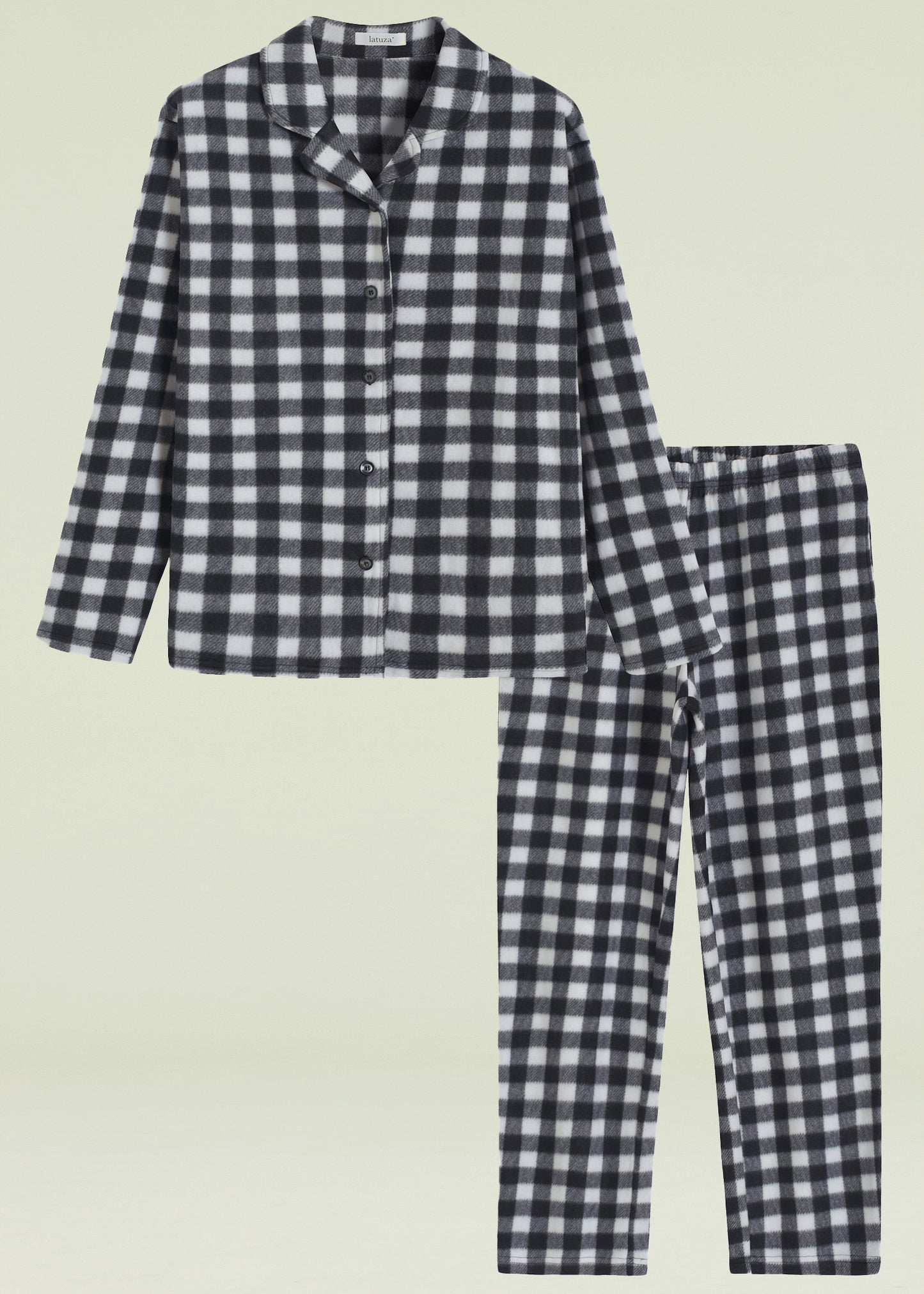 Women's Plaid Fleece Pajamas Set Notch Collar Shirt and Pants