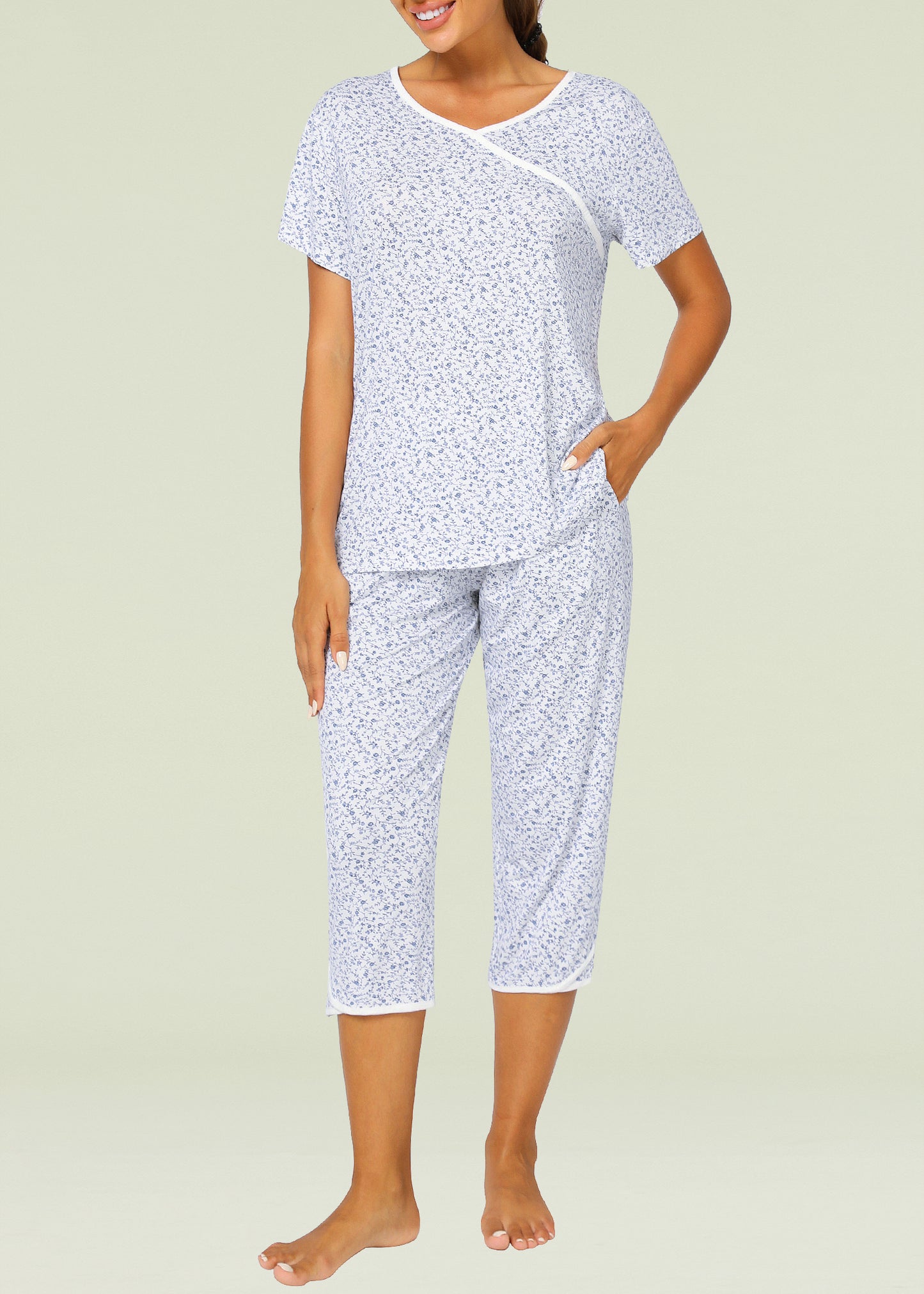 Women's Bamboo Viscose Floral Faux Wrap Top Capris Pajama Set