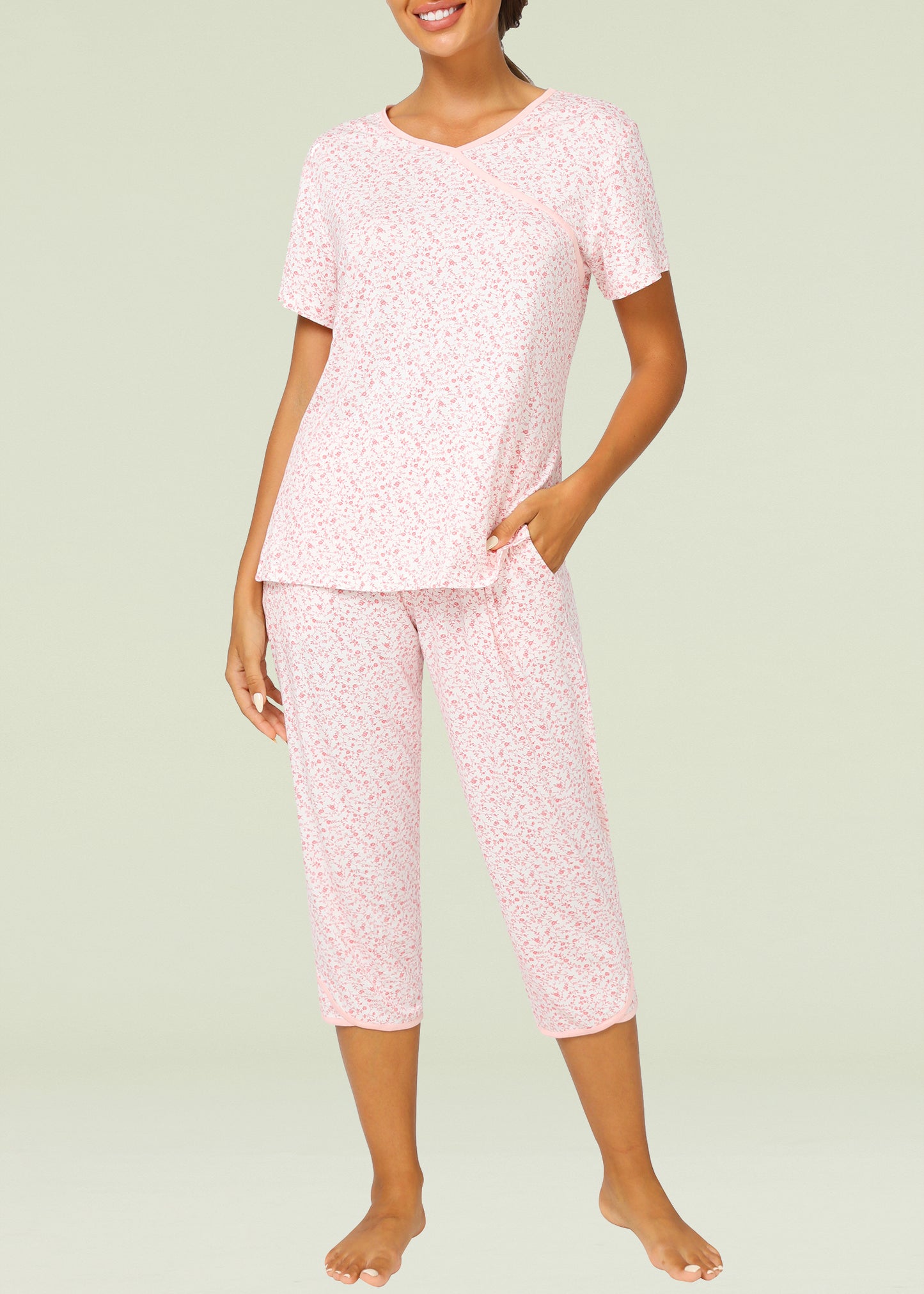 Women's Bamboo Viscose Floral Faux Wrap Top Capris Pajama Set