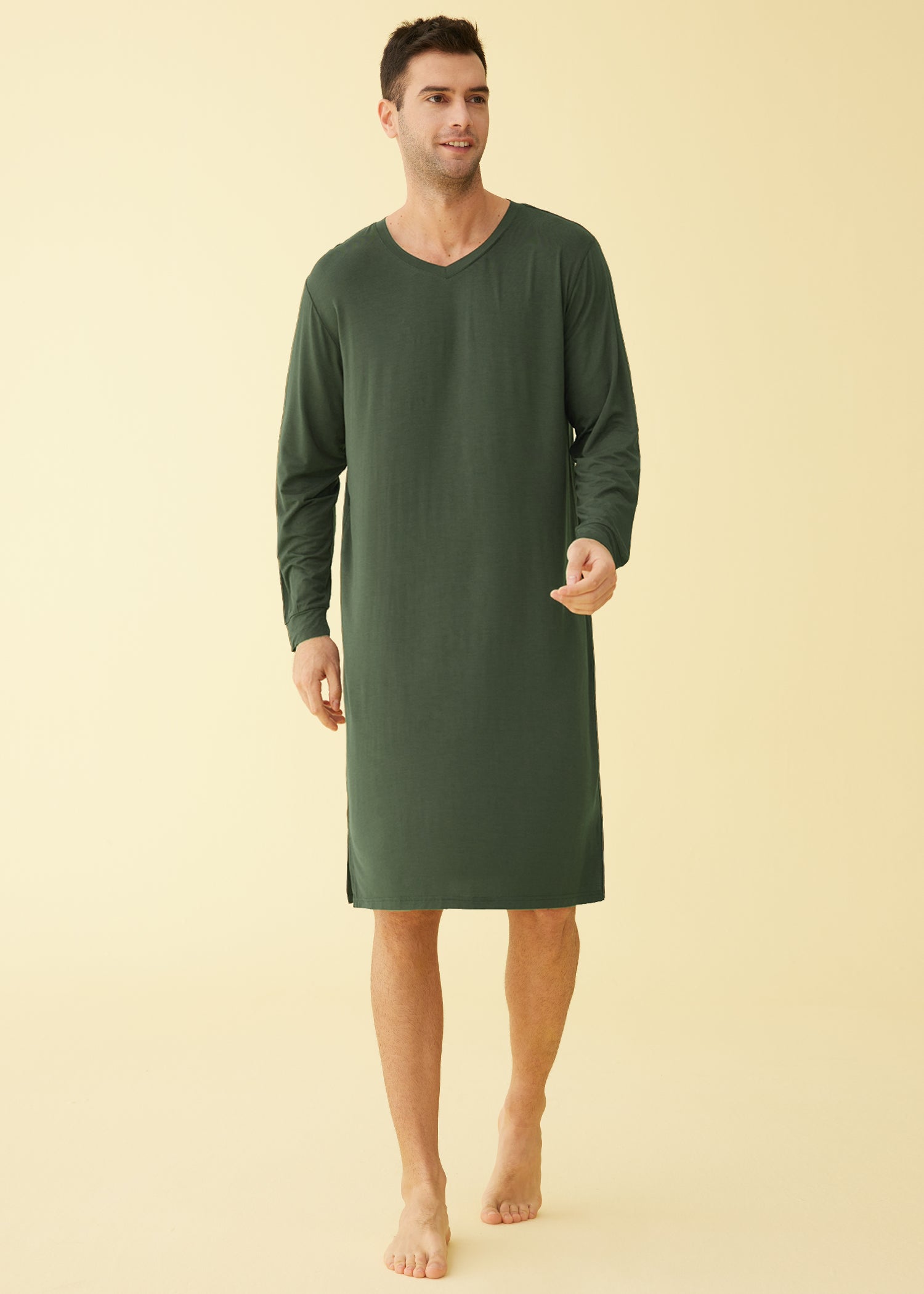 Night Dress Long T Shirt Nightgowns Men's V Neck Bamboo Viscose