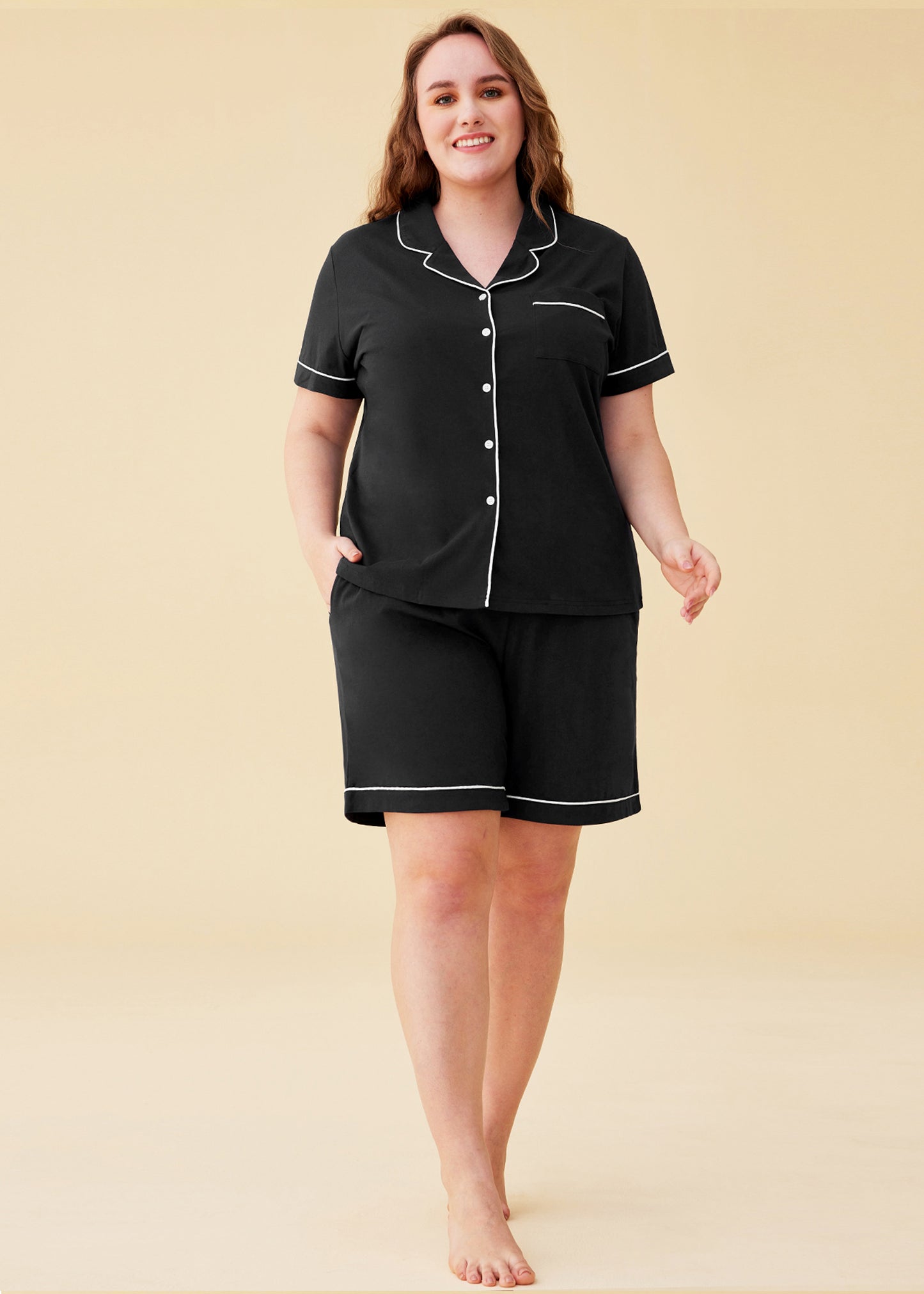 Women's Cotton Button Up Pajama Shirt Sleep Shorts Lounge Set