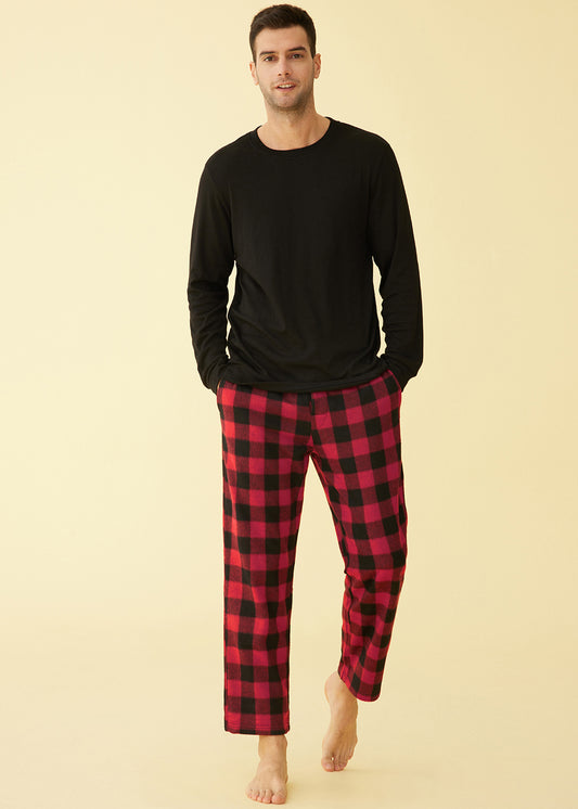 Men's Long Sleeves Top Fleece Plaid Pants Pajama Set