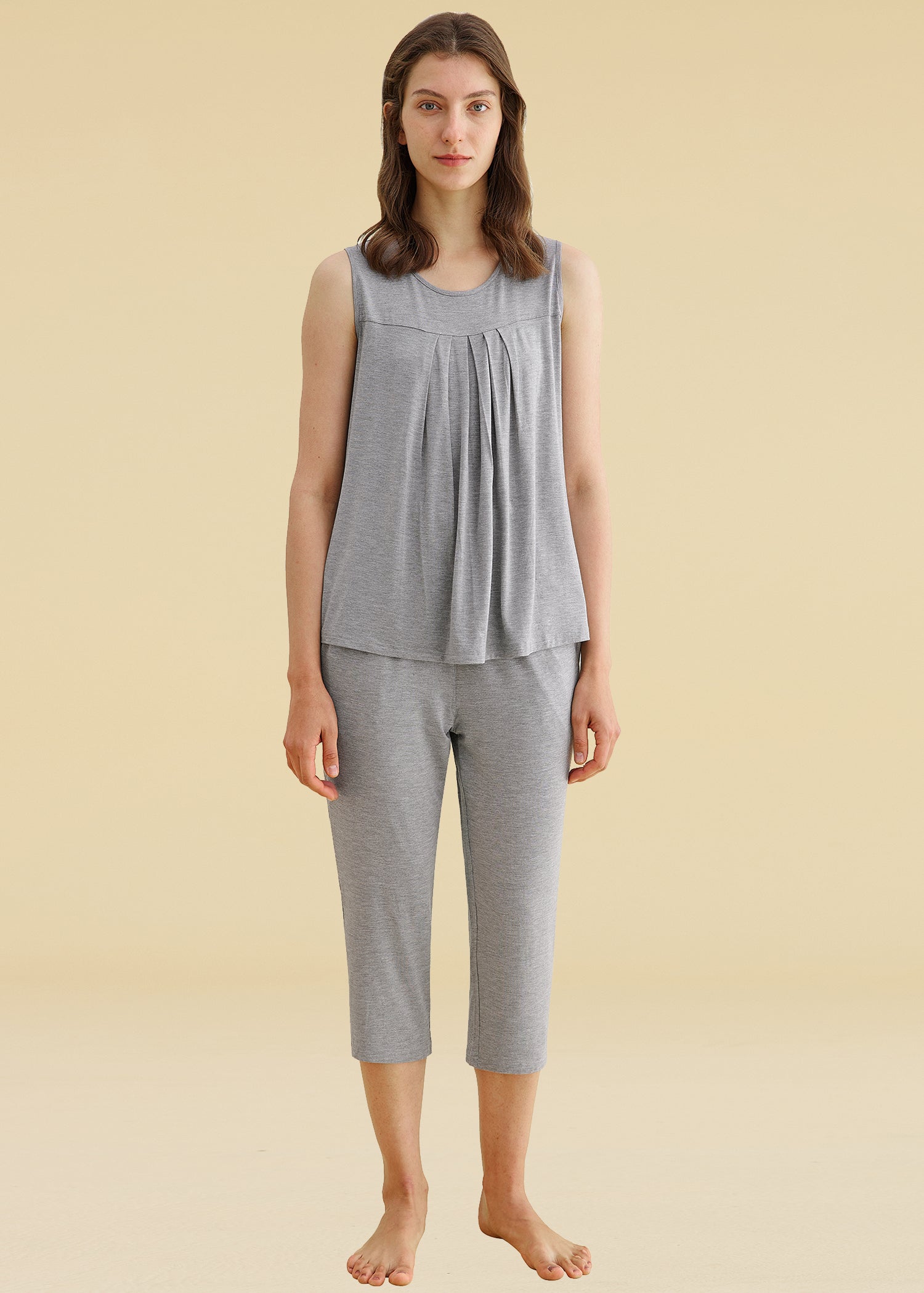 Latuza Women's Pleated Pajama Set - Viscose Top & Pants, Scoop Neck, Elastic Waist, Side Pockets