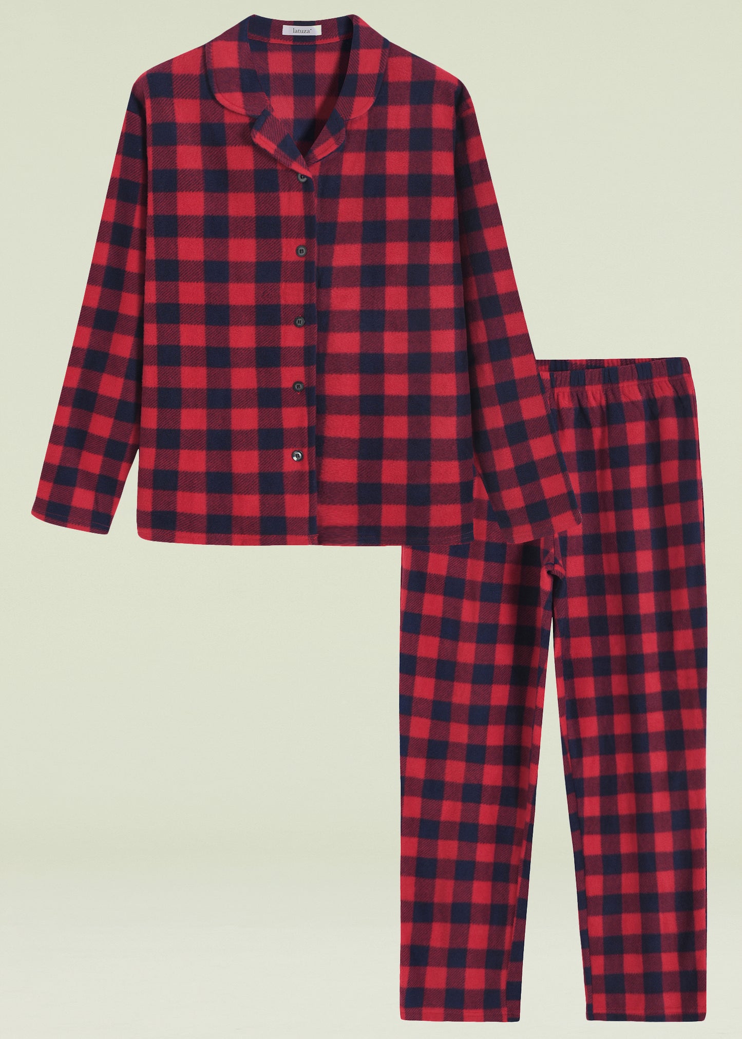 Women's Plaid Fleece Pajamas Set Notch Collar Shirt and Pants
