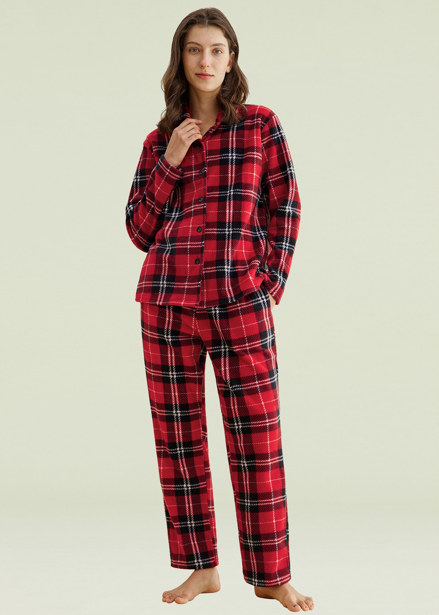 Women's Plaid Fleece Pajamas Set Notch Collar Shirt and Pants