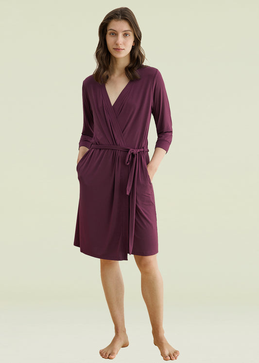 Women's Bamboo Viscose 3/4 Sleeves Short Robe with Pockets