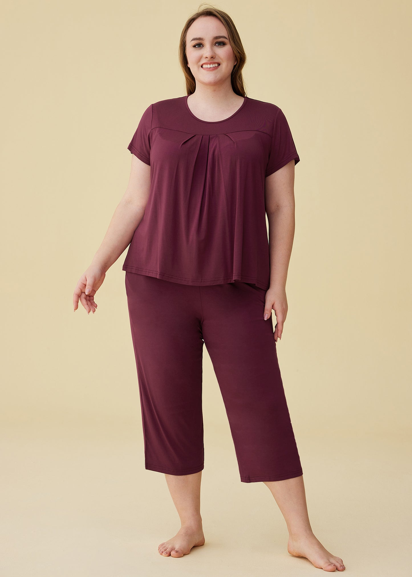 Women's Bamboo Pajamas Pleated Top and Capris Pjs Set