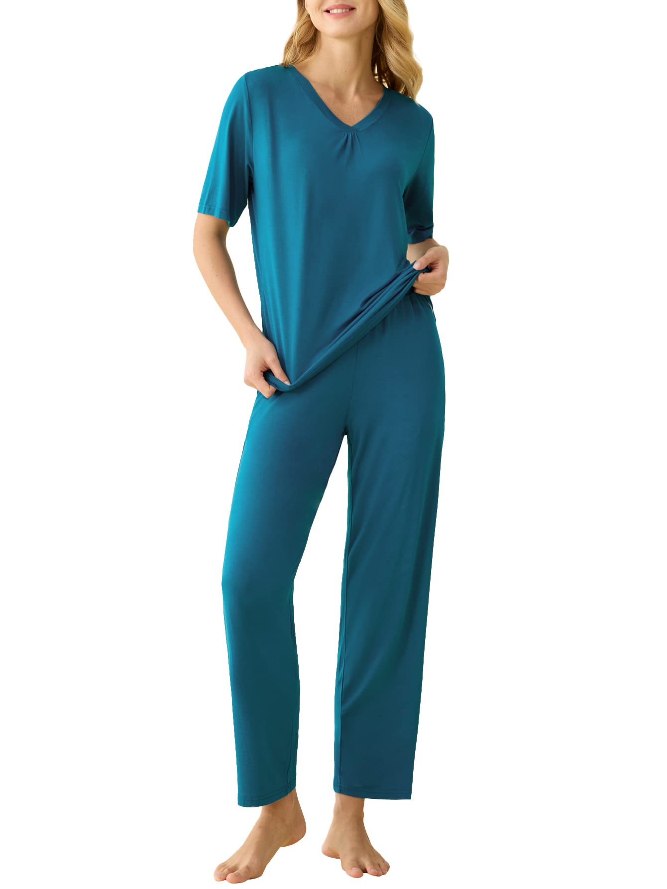 Women's Bamboo Viscose Pajama Set V-Neck Top Lounge Pants with Pockets - Latuza