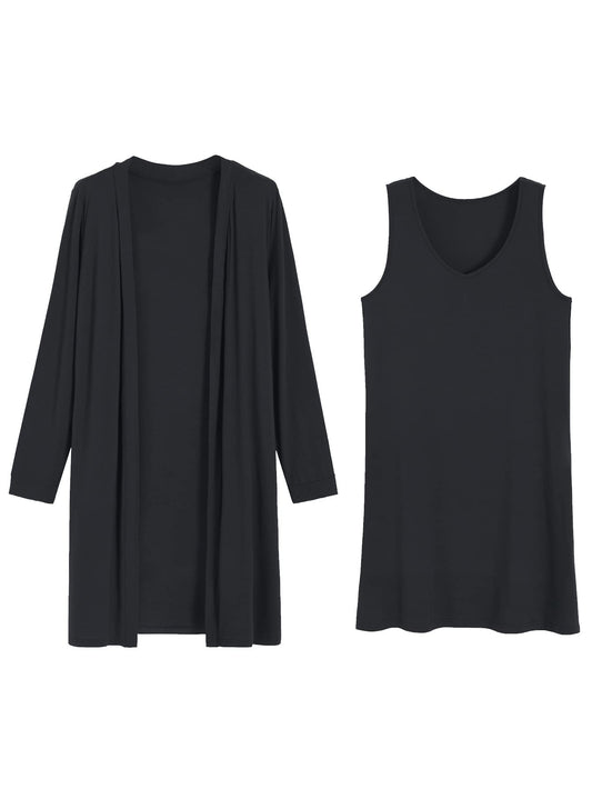 Women's Bamboo Viscose Sleeveless Nightgown with Long Sleeves Cardigan - Latuza