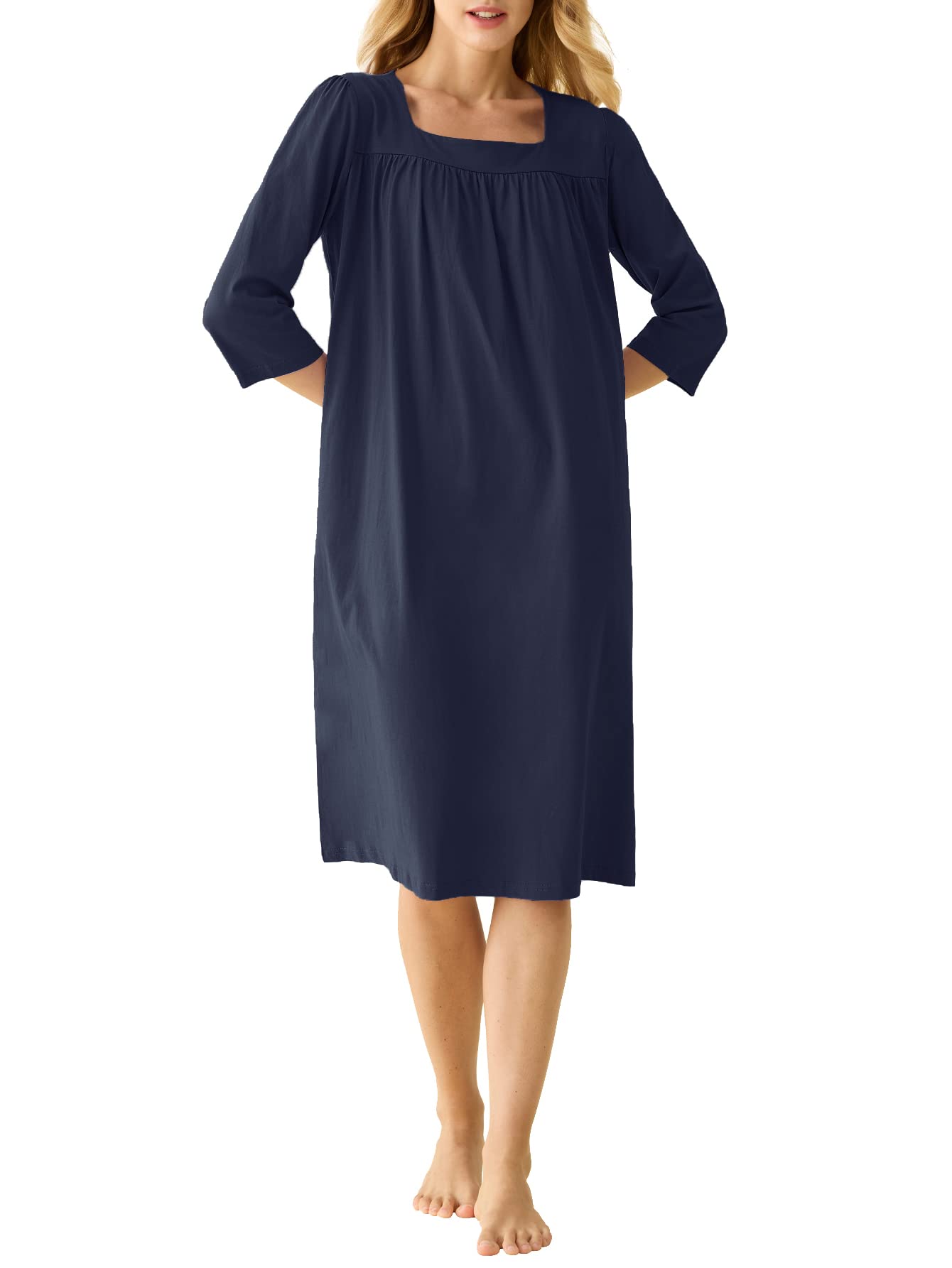 Women's Cotton Nightgown 3/4 Sleeves Housecoat with Pockets  - Latuza