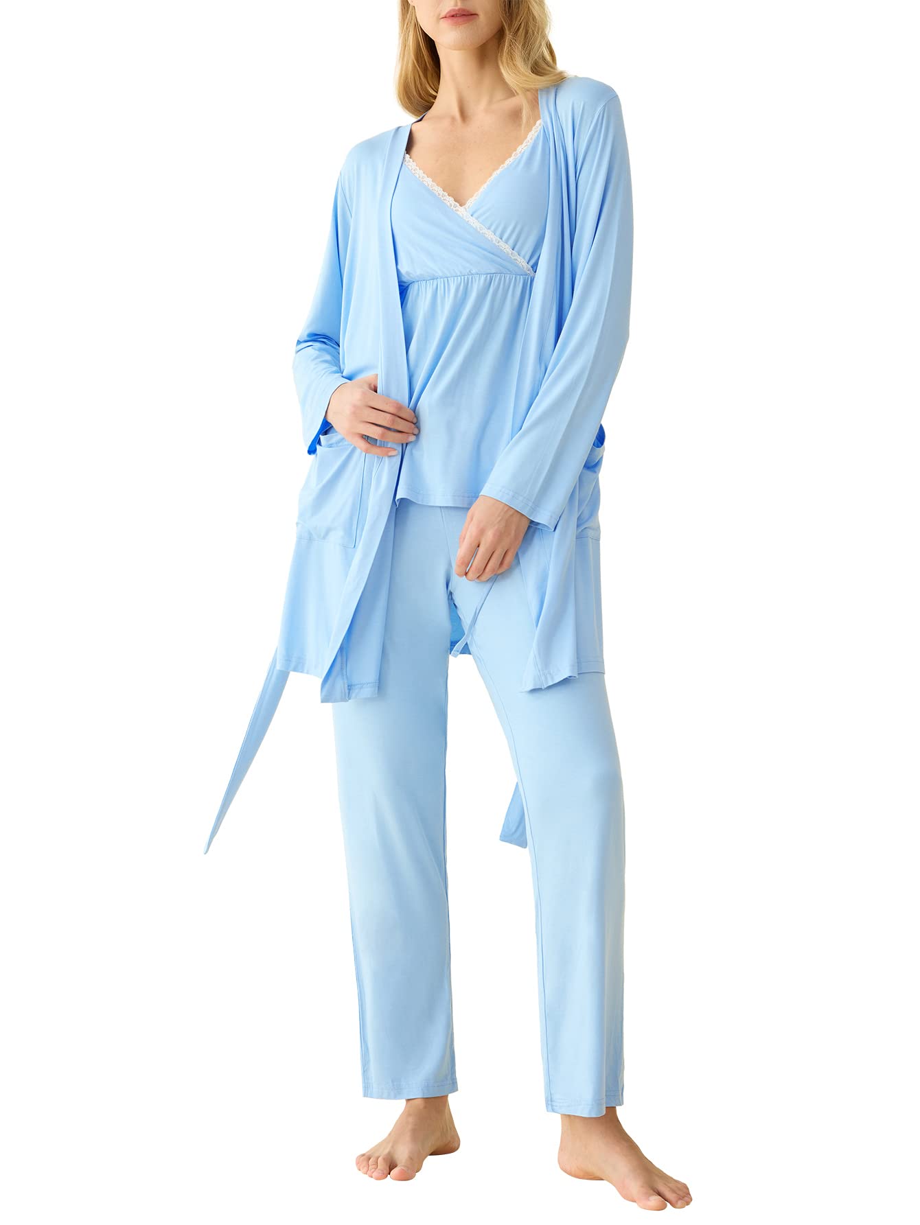 Women's Bamboo Viscose 3 Piece Nursing Pajama Set with Robe - Latuza