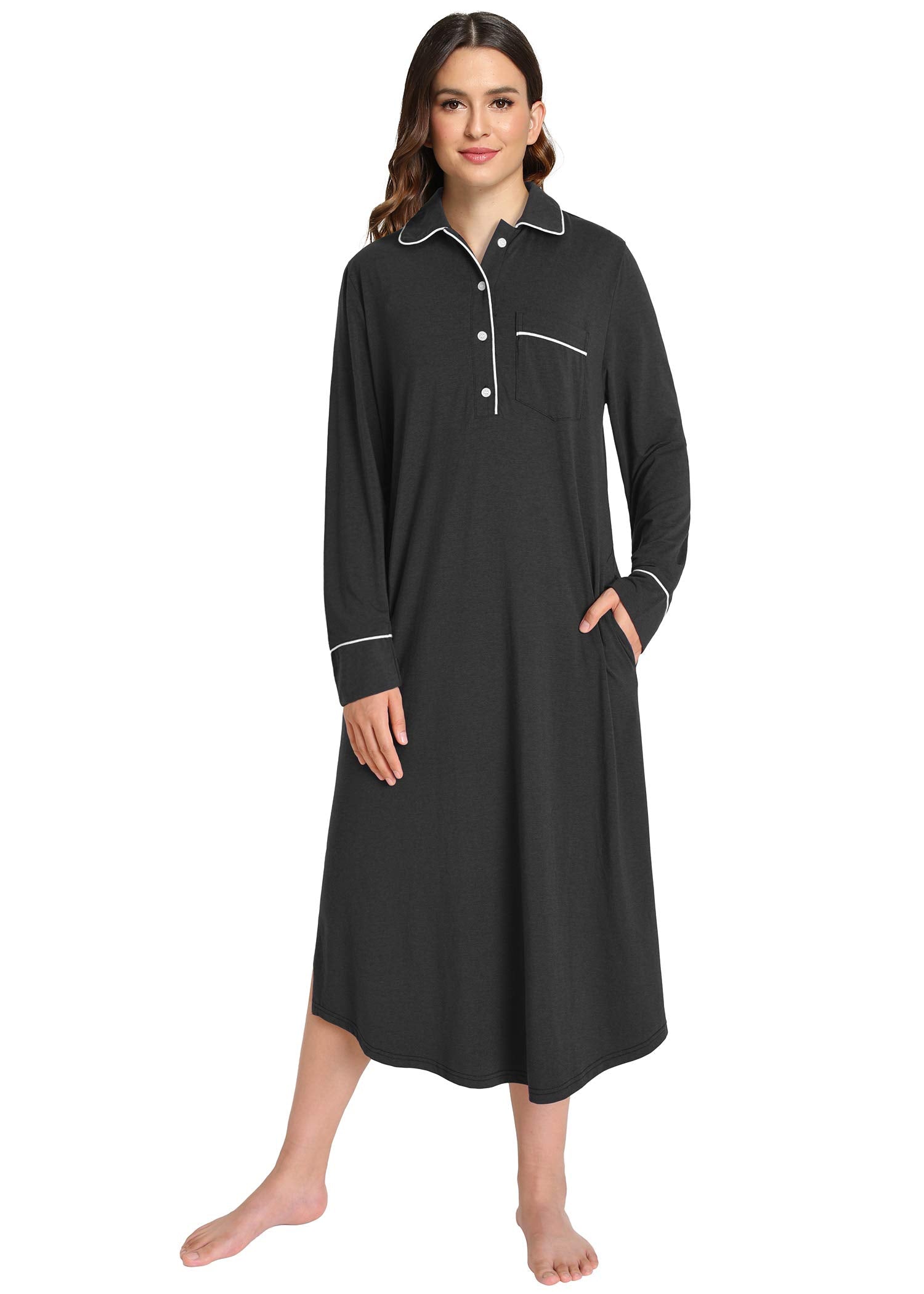 Women's Button Down Sleep Shirt Long Sleeves Nightgown - Latuza