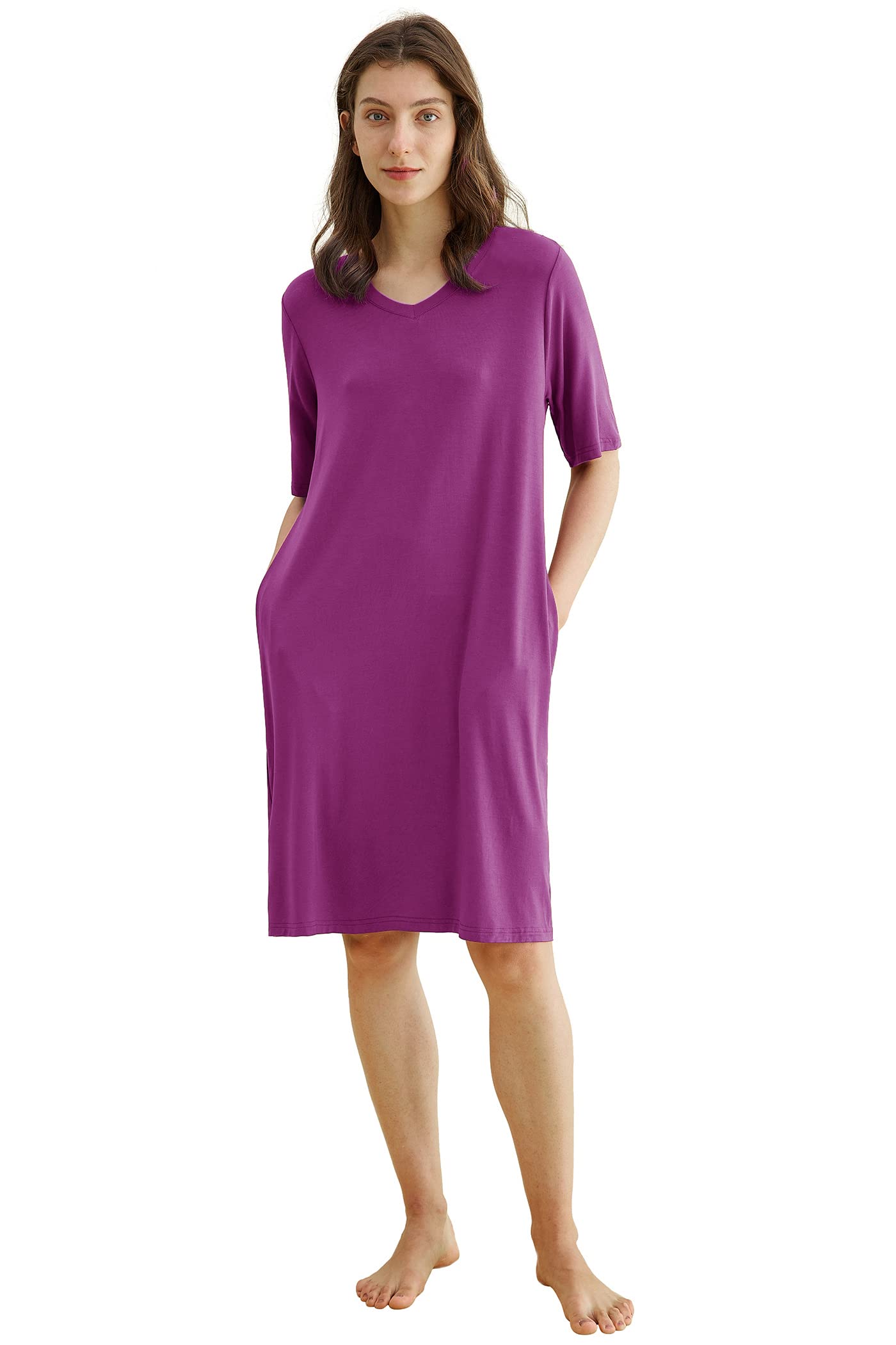 Women's Bamboo Viscose Nightgown V-Neck Sleep Shirt with Pockets - Latuza