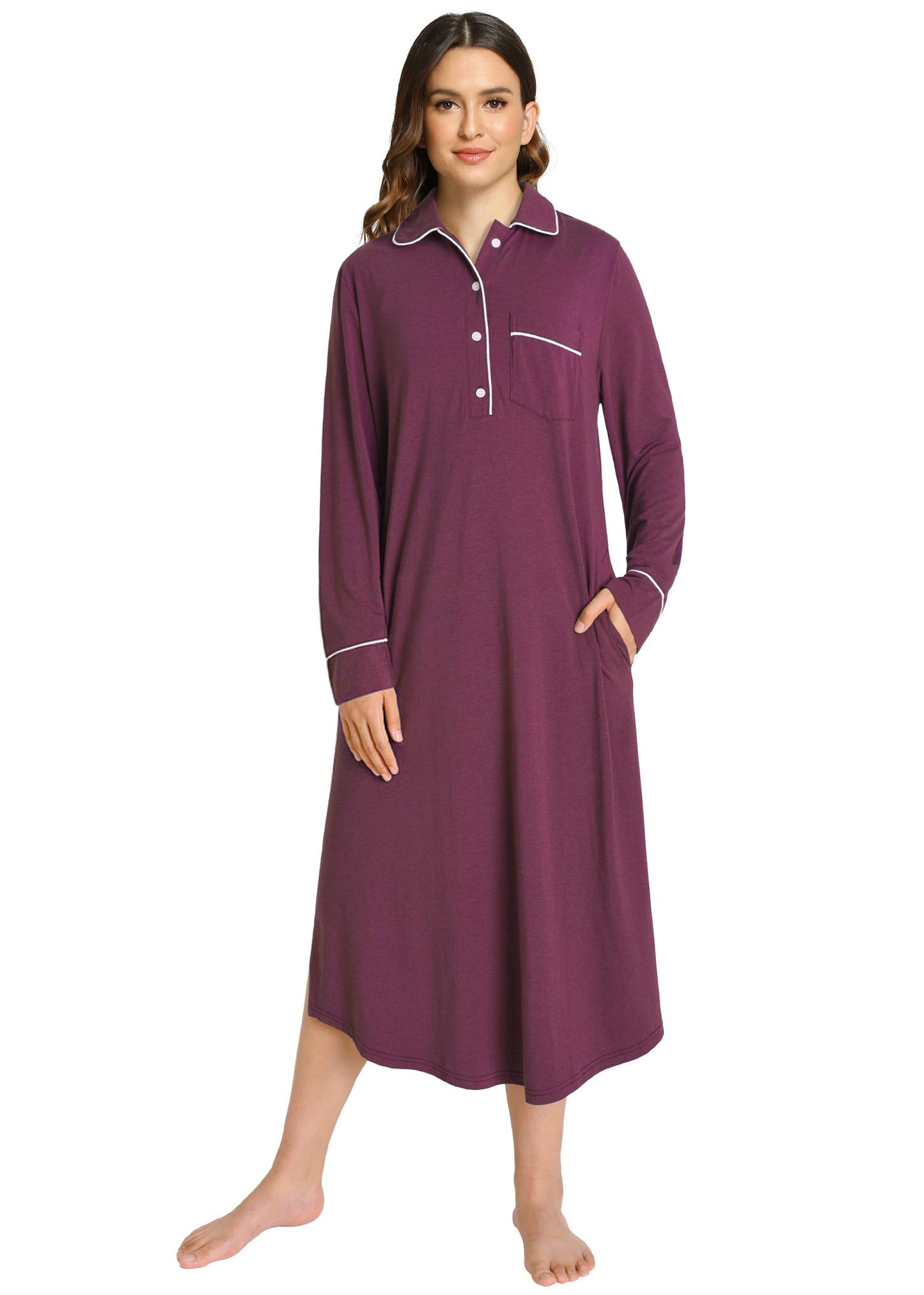 Women's Button Down Sleep Shirt Long Sleeves Nightgown - Latuza