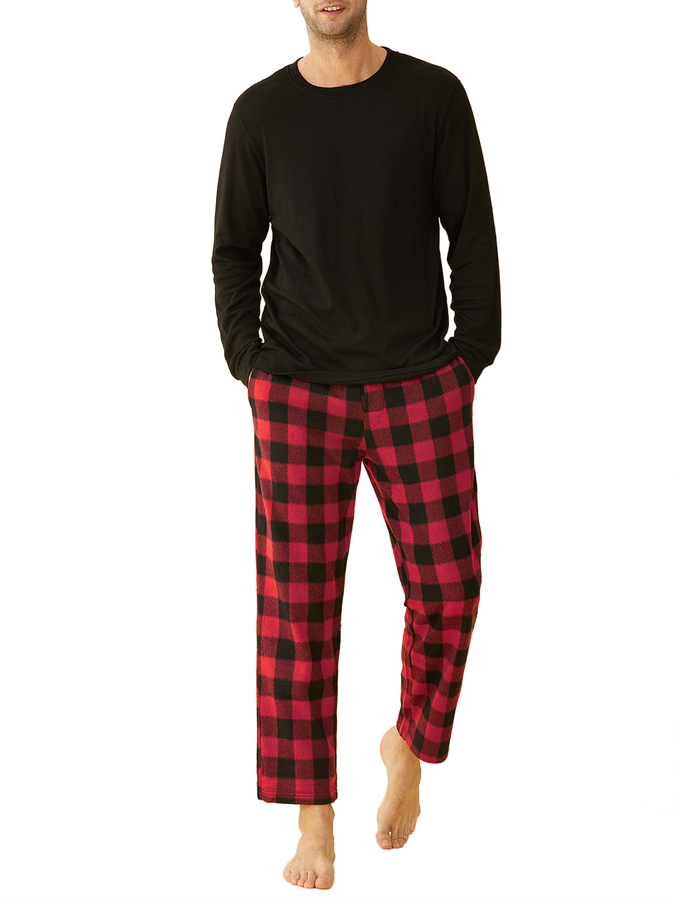 Men's Long Sleeves Top Fleece Plaid Pants Pajama Set - Latuza