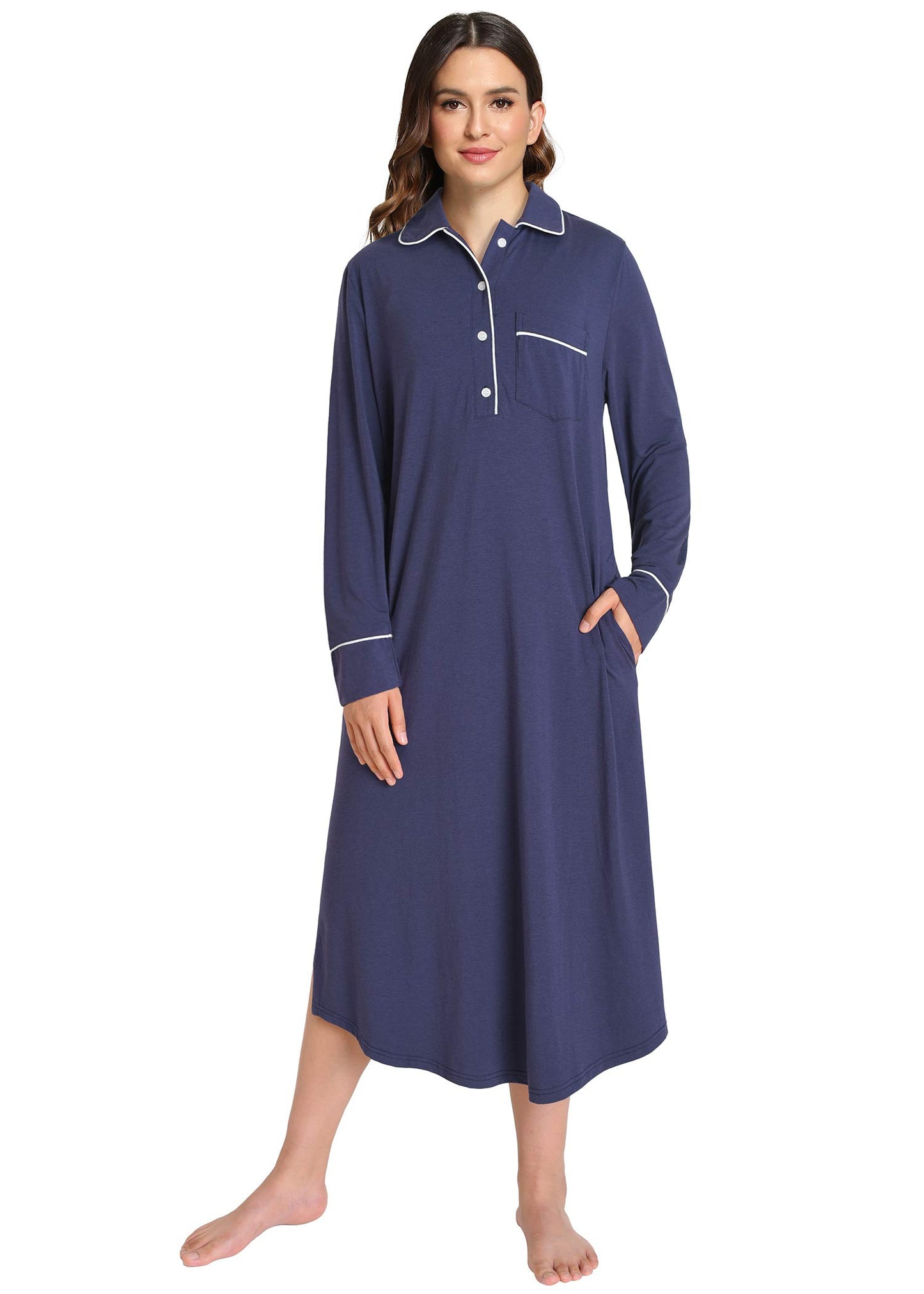 Women's Button Down Sleep Shirt Long Sleeves Nightgown - Latuza