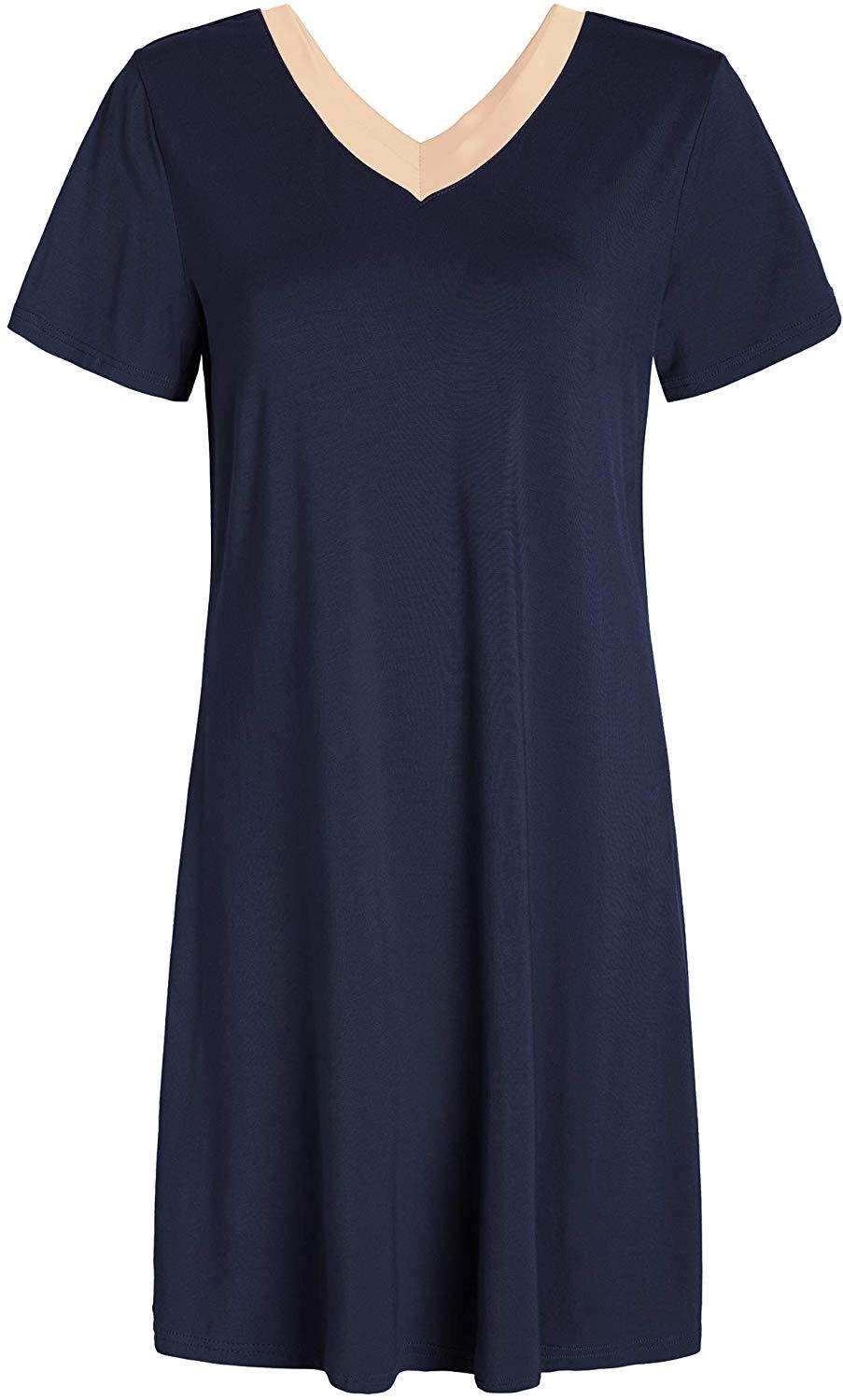 Women's V-Neck Bamboo Sleep Night Shirt Dress Jersey Nightgown - Latuza