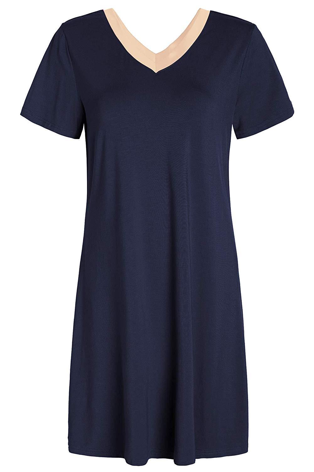 Women's V-Neck Bamboo Sleep Night Shirt Dress Jersey Nightgown - Latuza